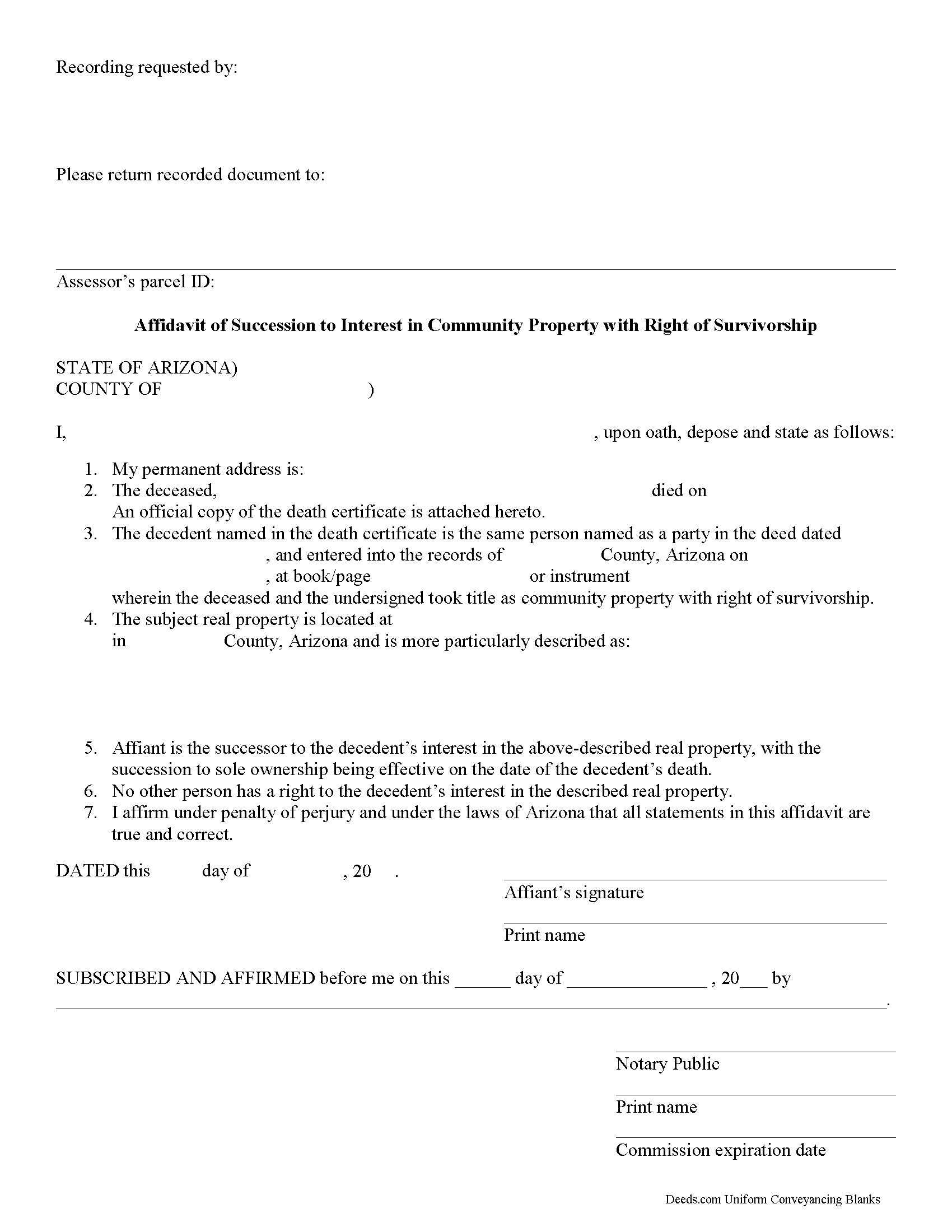 Pima County Affidavit of Succession to Interest in Community Property with Right of Survivorship Form