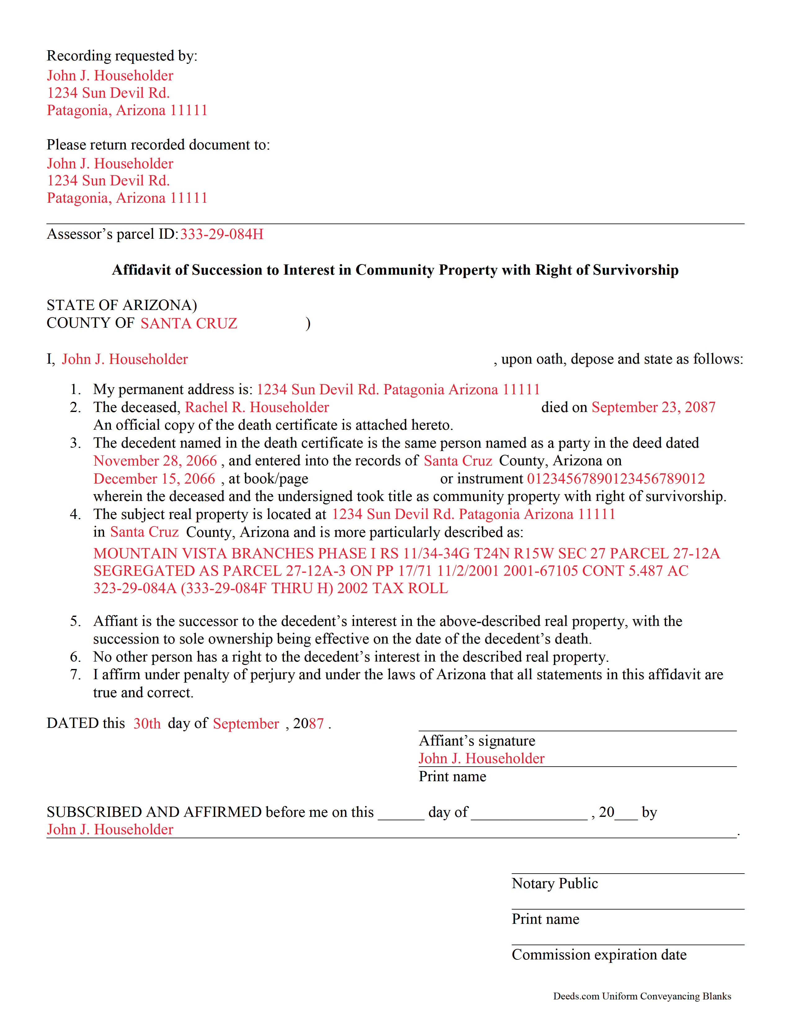 Pima County Completed Example of the Affidavit of Succession to Interest in Community Property with Right of Survivorship Document