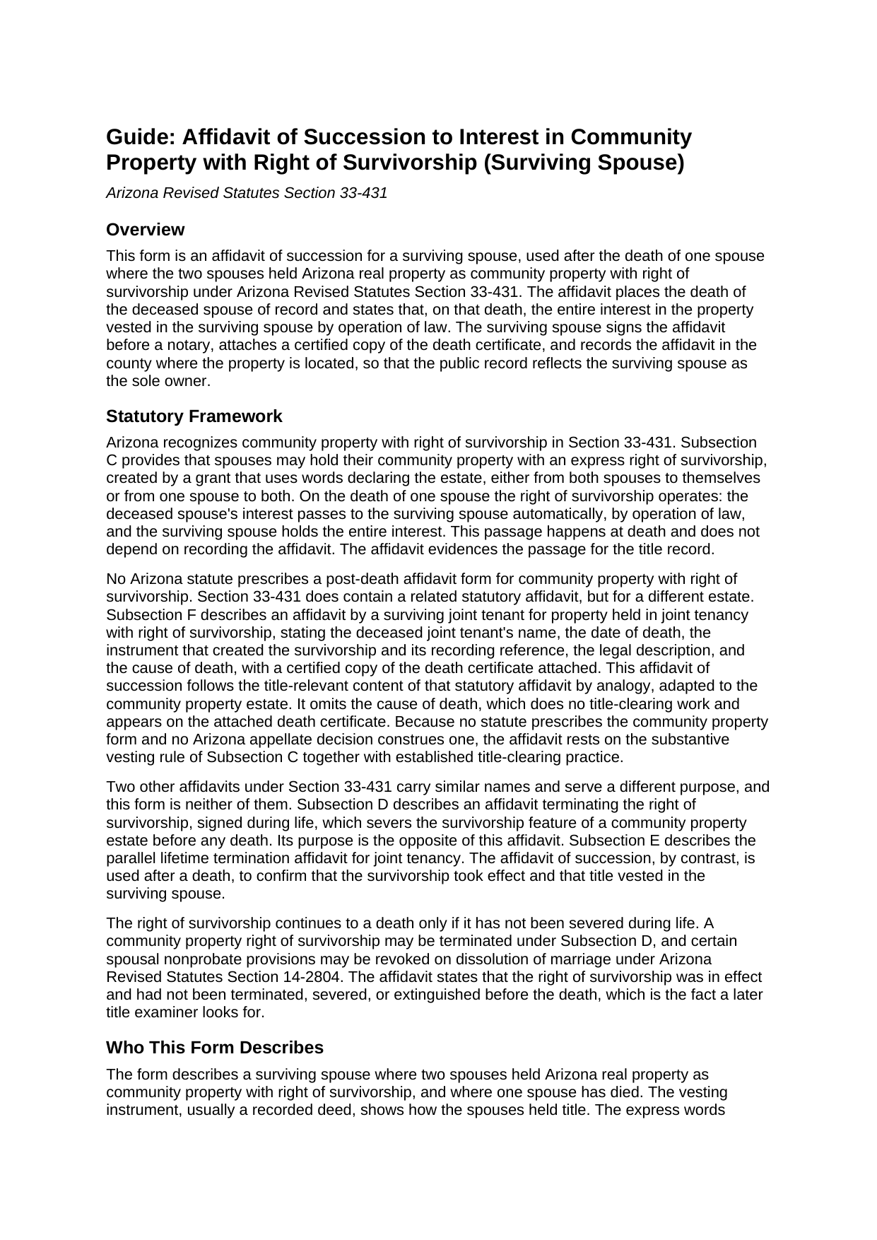 Greenlee County Affidavit of Succession to Interest in Community Property with Right of Survivorship (Surviving Spouse) Guide