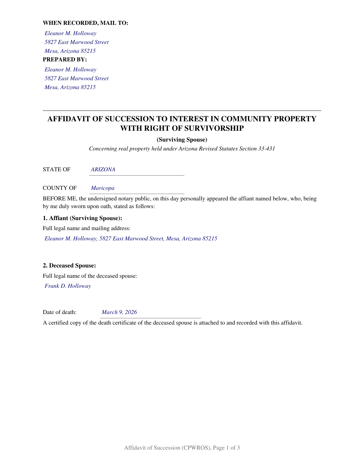 Greenlee County Completed Example of the Affidavit of Succession to Interest in Community Property with Right of Survivorship (Surviving Spouse) Document