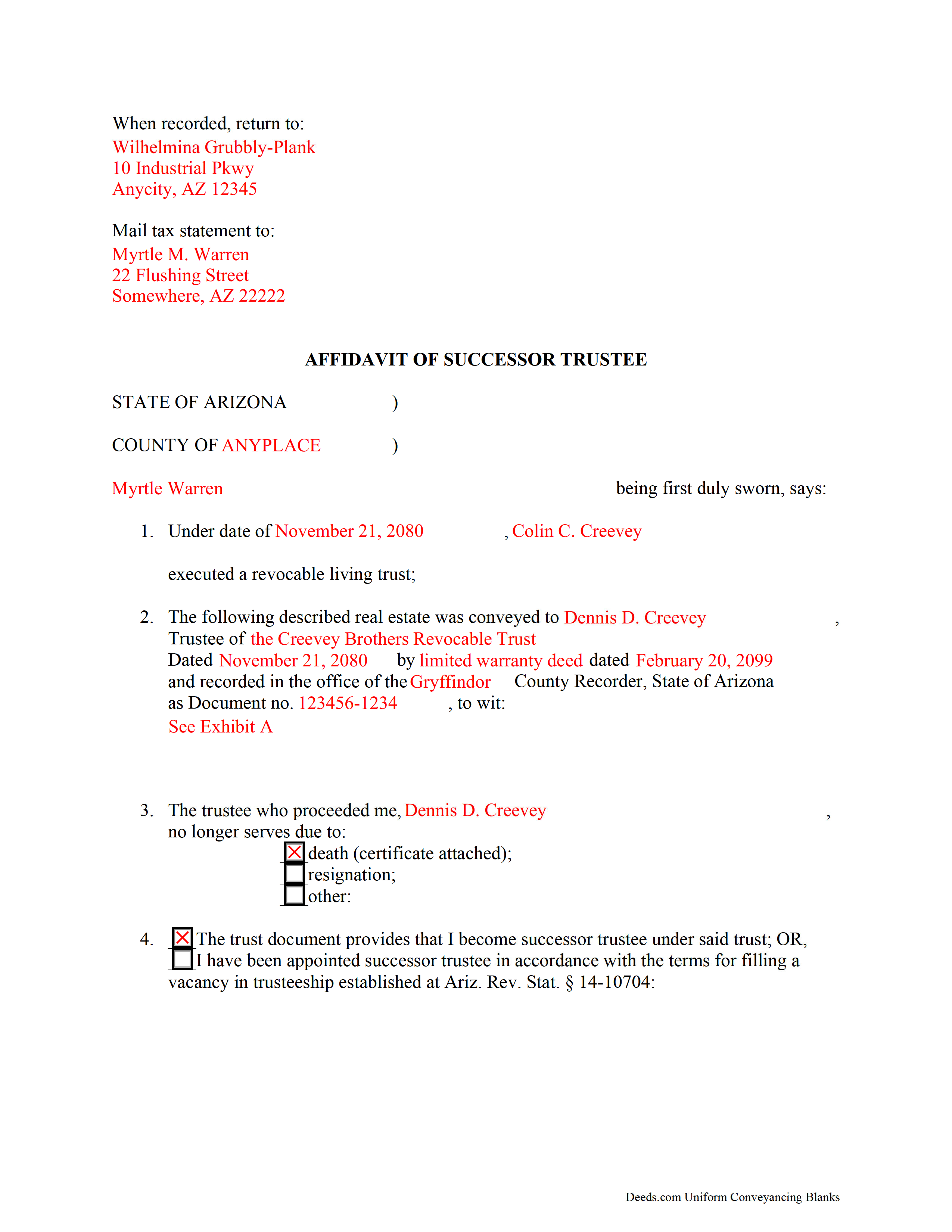Completed Example of the Affidavit of Successor Trustee Document