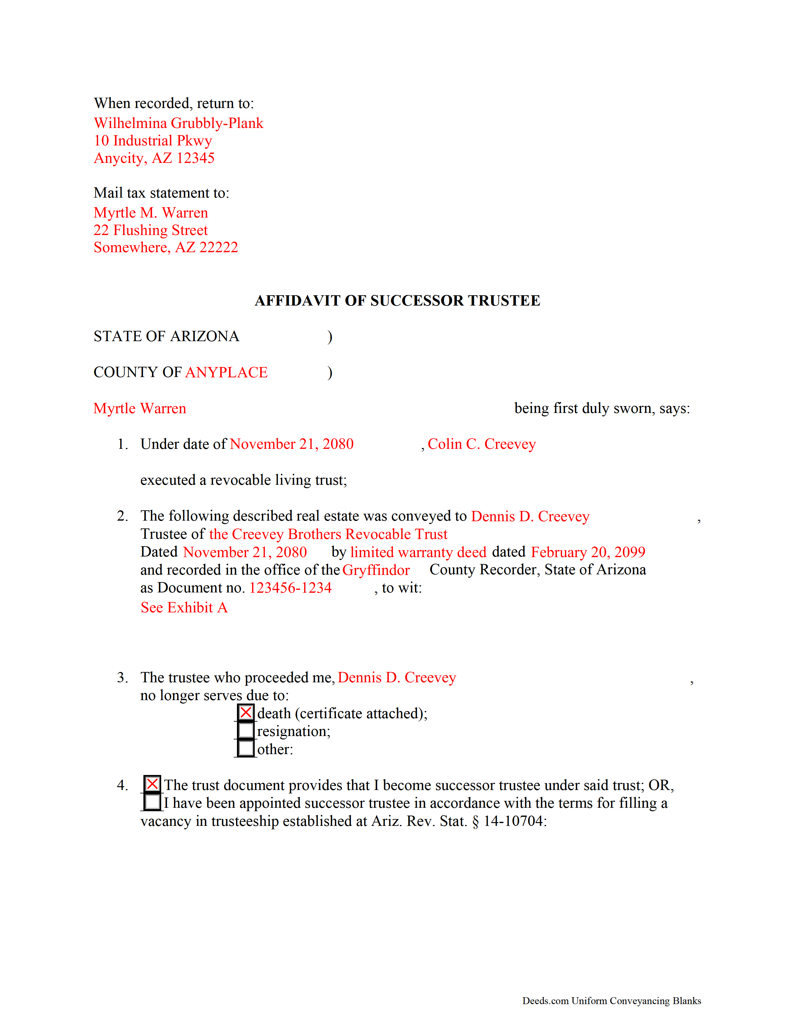 Yavapai County Completed Example of the Affidavit of Successor Trustee Document