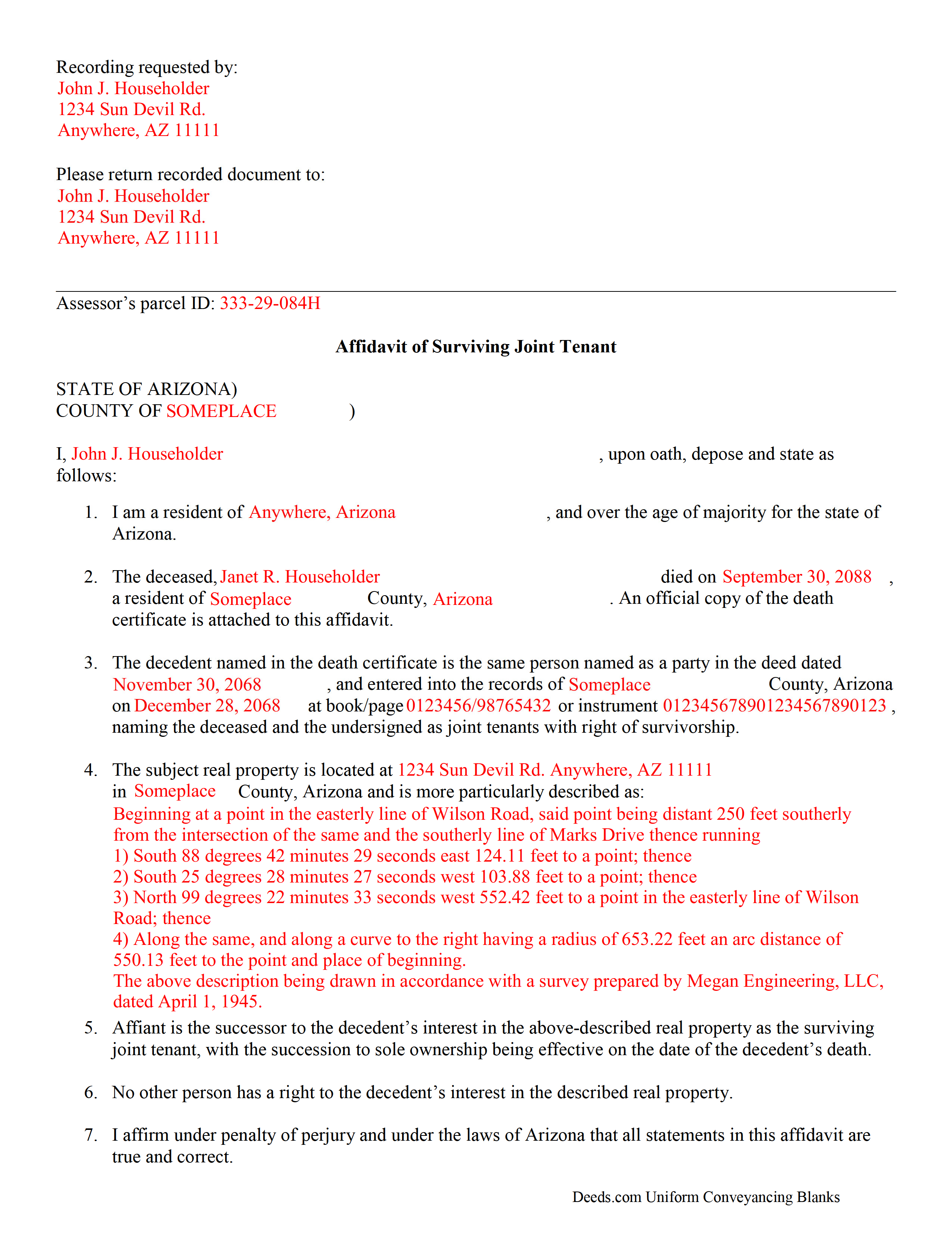 Completed Example of the Affidavit of Surviving Joint Tenant Document