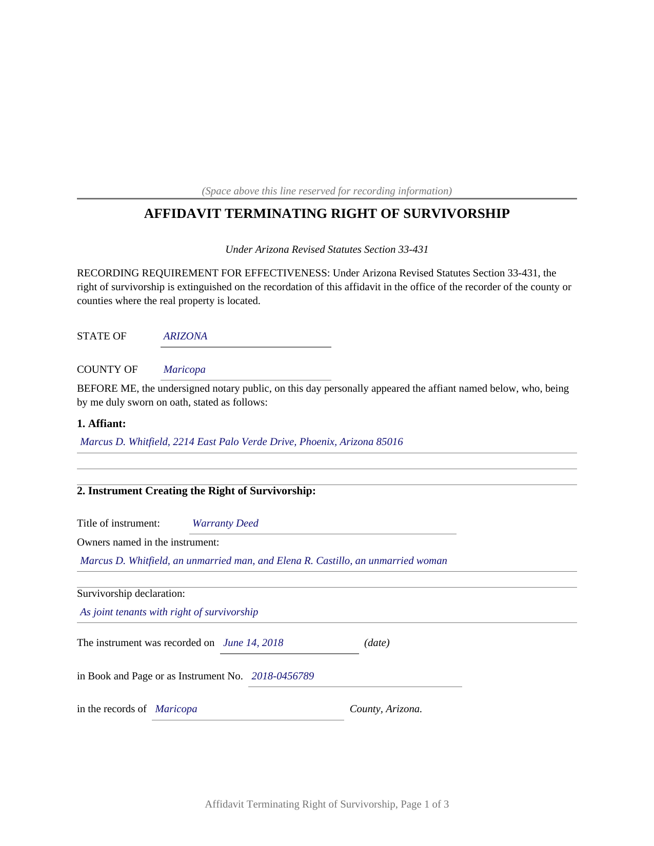 Gila County Completed Example of the Affidavit Terminating Right of Survivorship Document