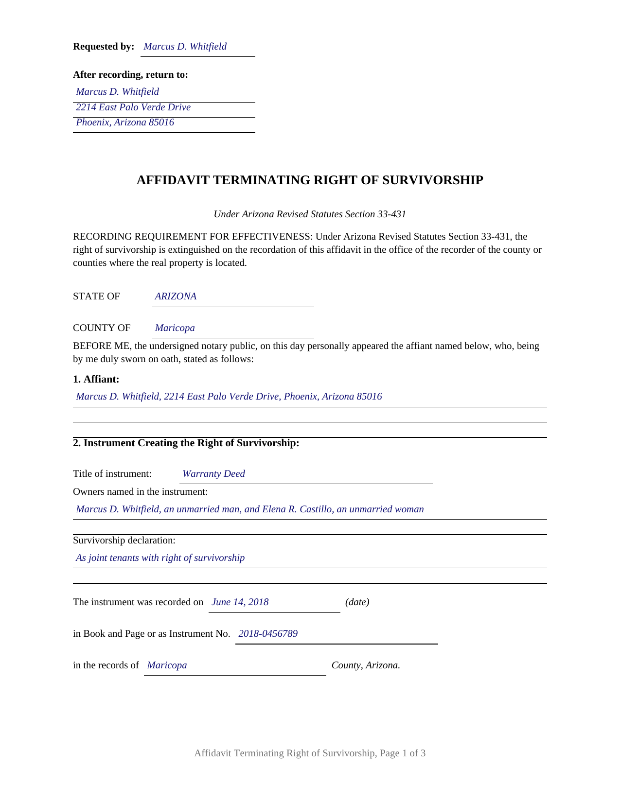 Mohave County Completed Example of the Affidavit Terminating Right of Survivorship Document