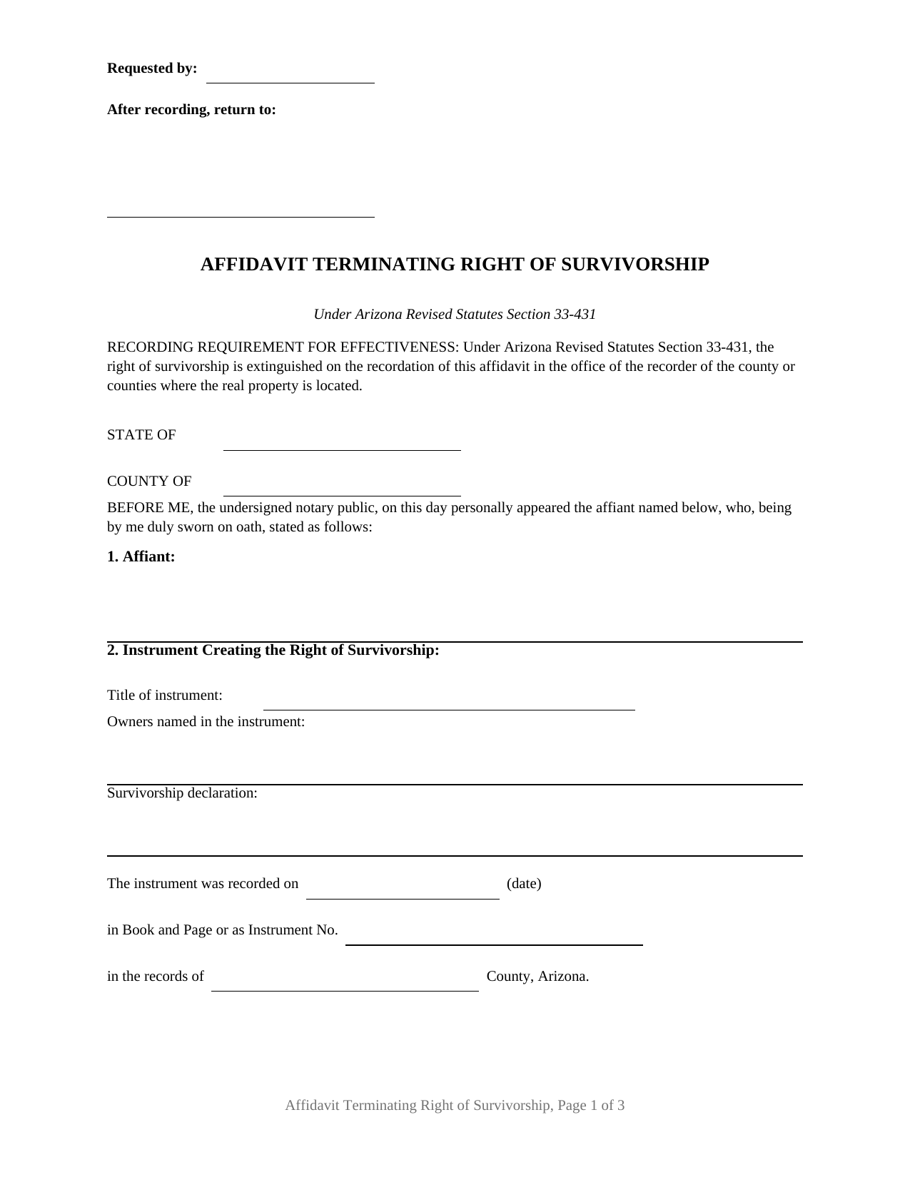 Mohave County Affidavit Terminating Right of Survivorship Form