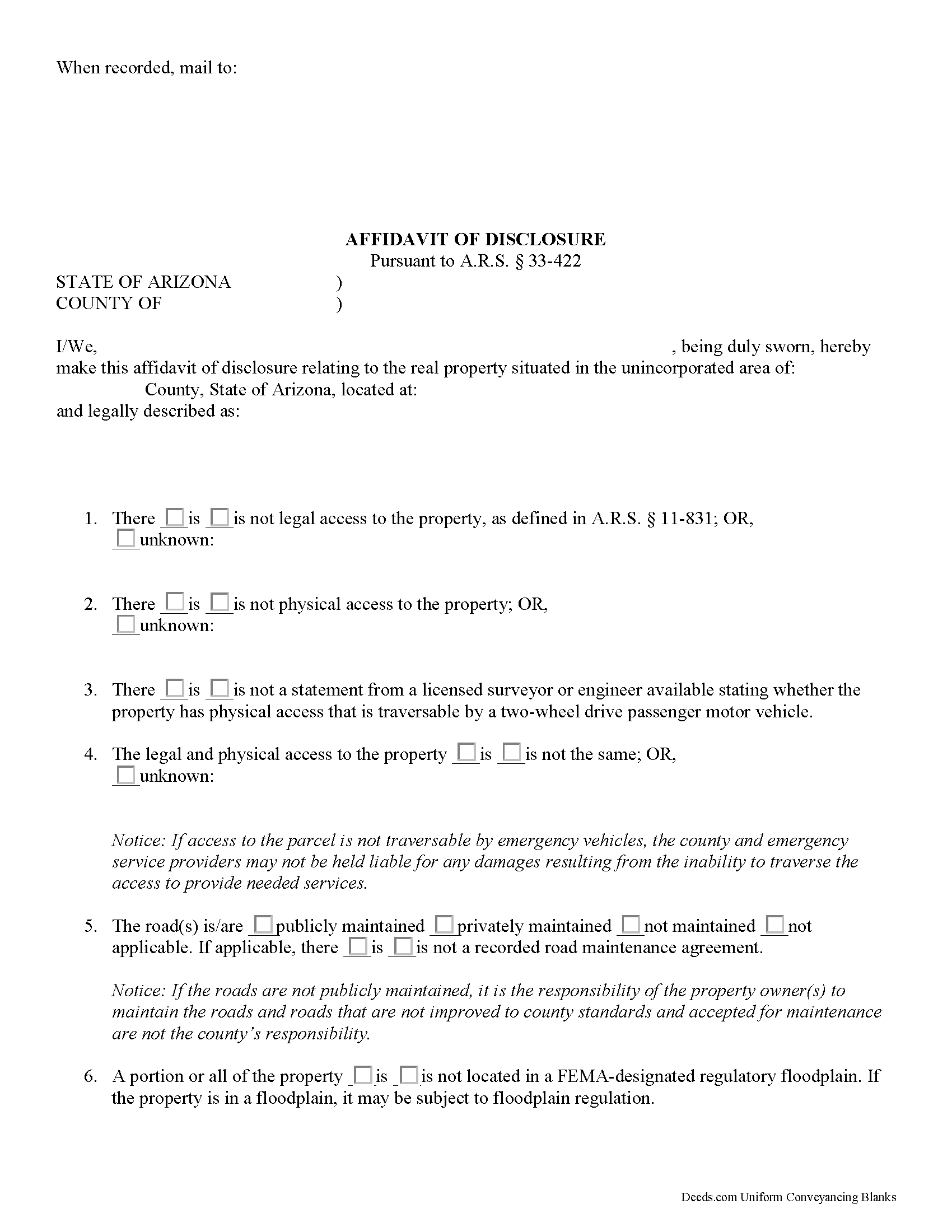 Arizona Affidavit of Disclosure Image