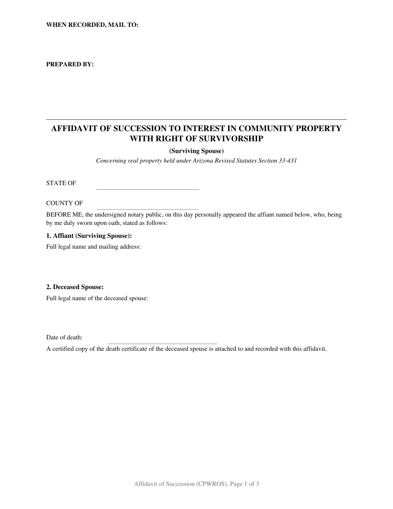 Arizona Affidavit of Succession to Interest in Community Property with Right of Survivorship (Surviving Spouse)
