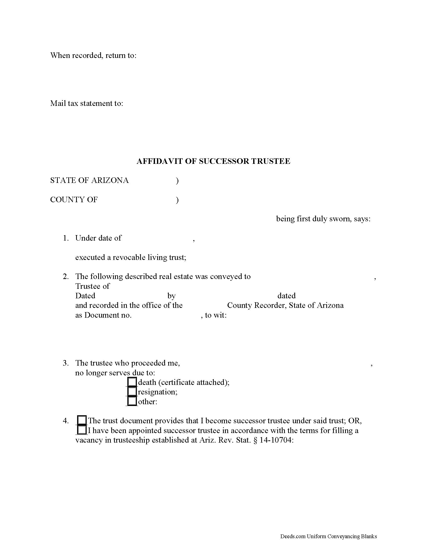 Arizona Affidavit of Successor Trustee Image