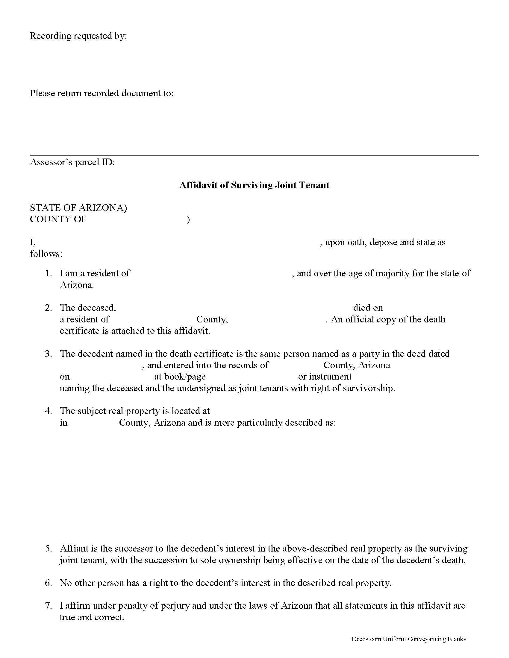 Arizona Affidavit of Surviving Joint Tenant Image