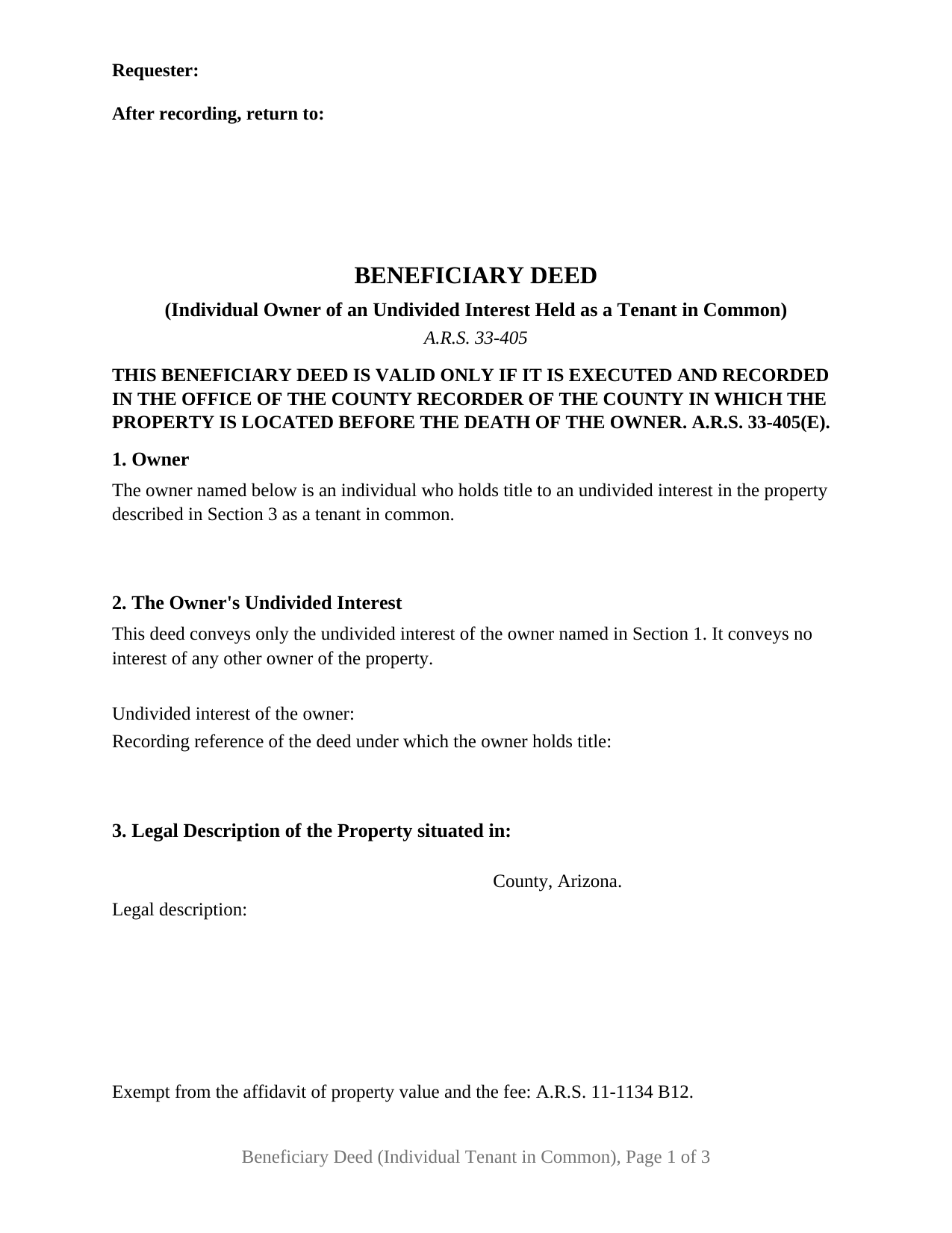 Arizona Beneficiary Deed (Individual Tenant in Common)
