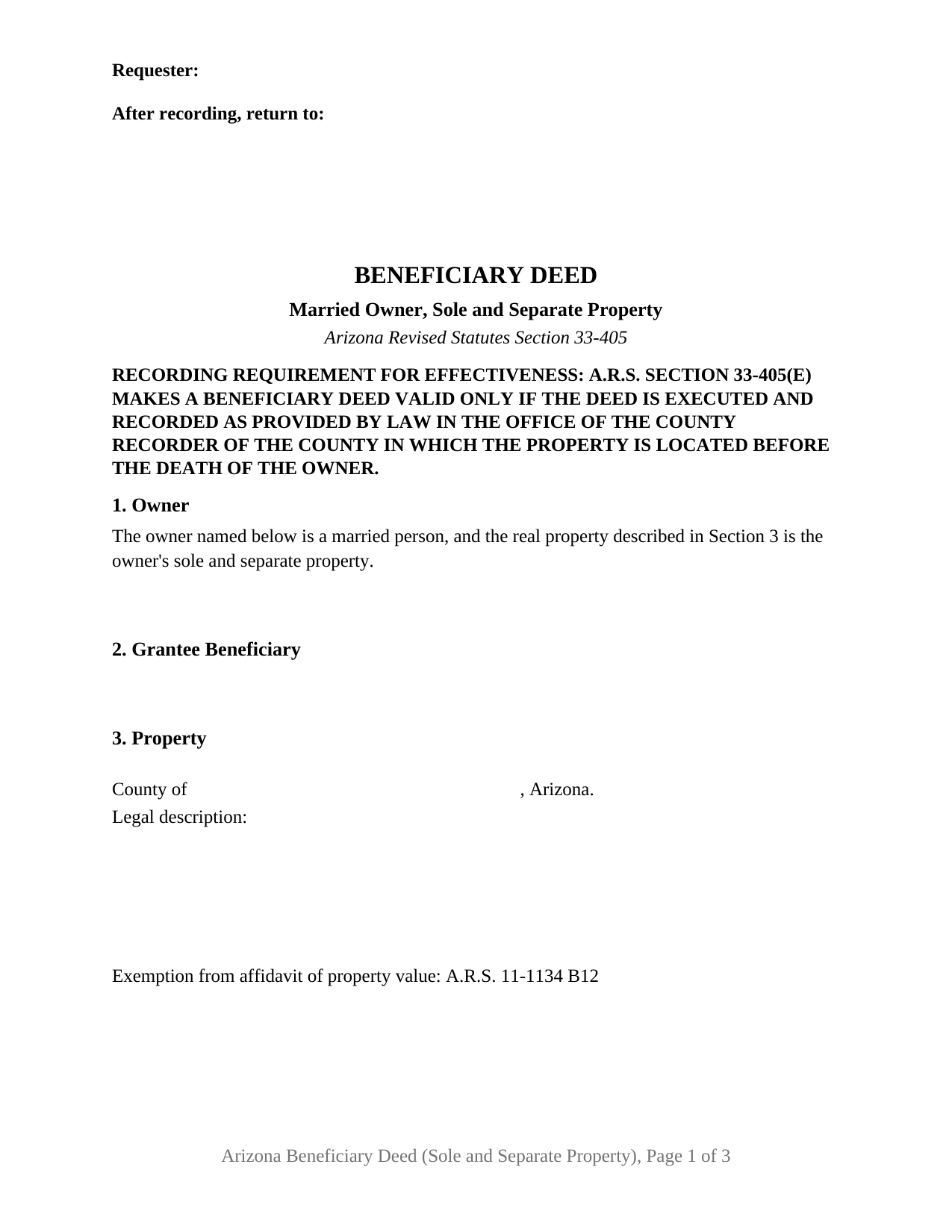 Arizona Beneficiary Deed (Married Owner, Sole and Separate Property)