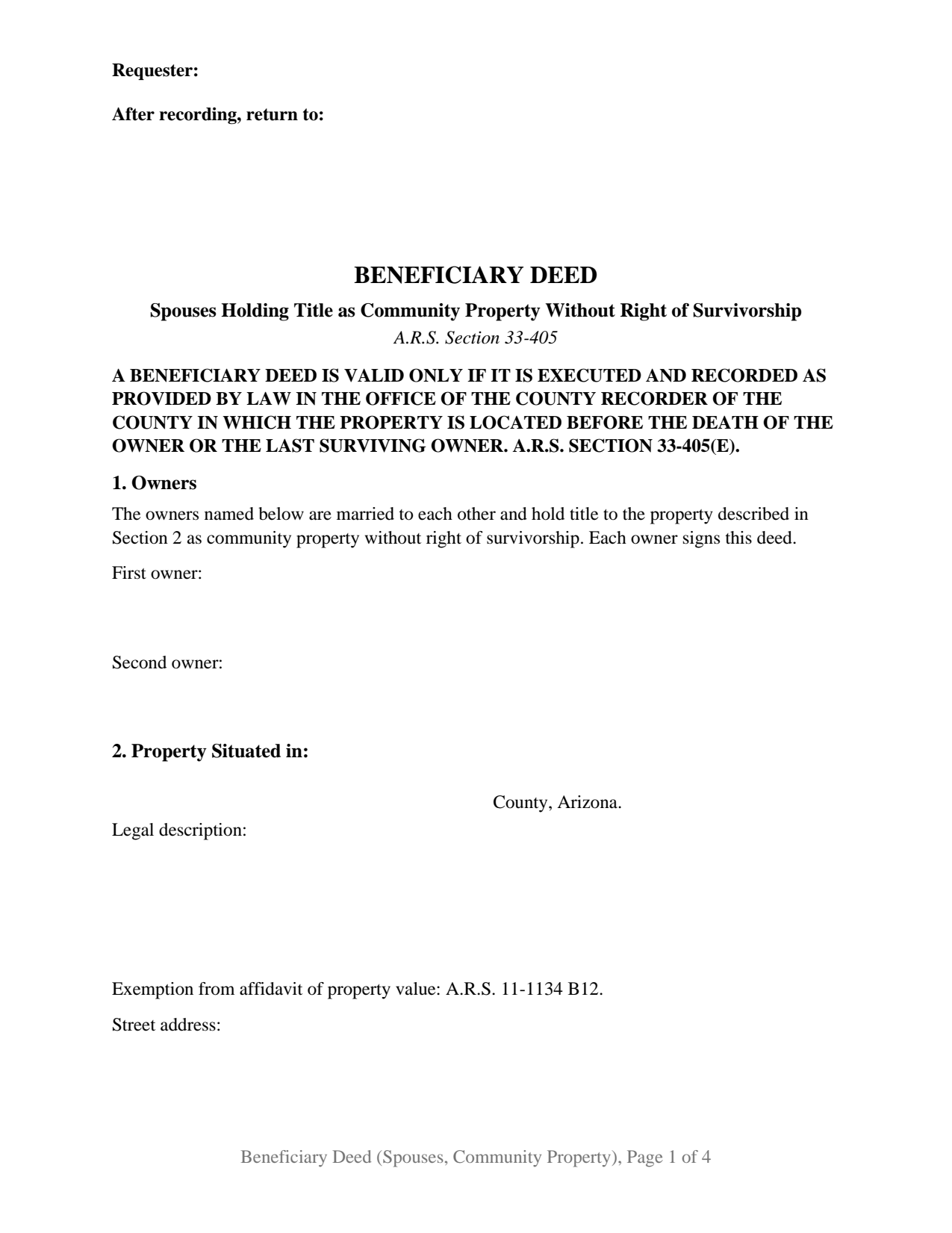 Arizona Beneficiary Deed (Spouses, Community Property Without Right of Survivorship)