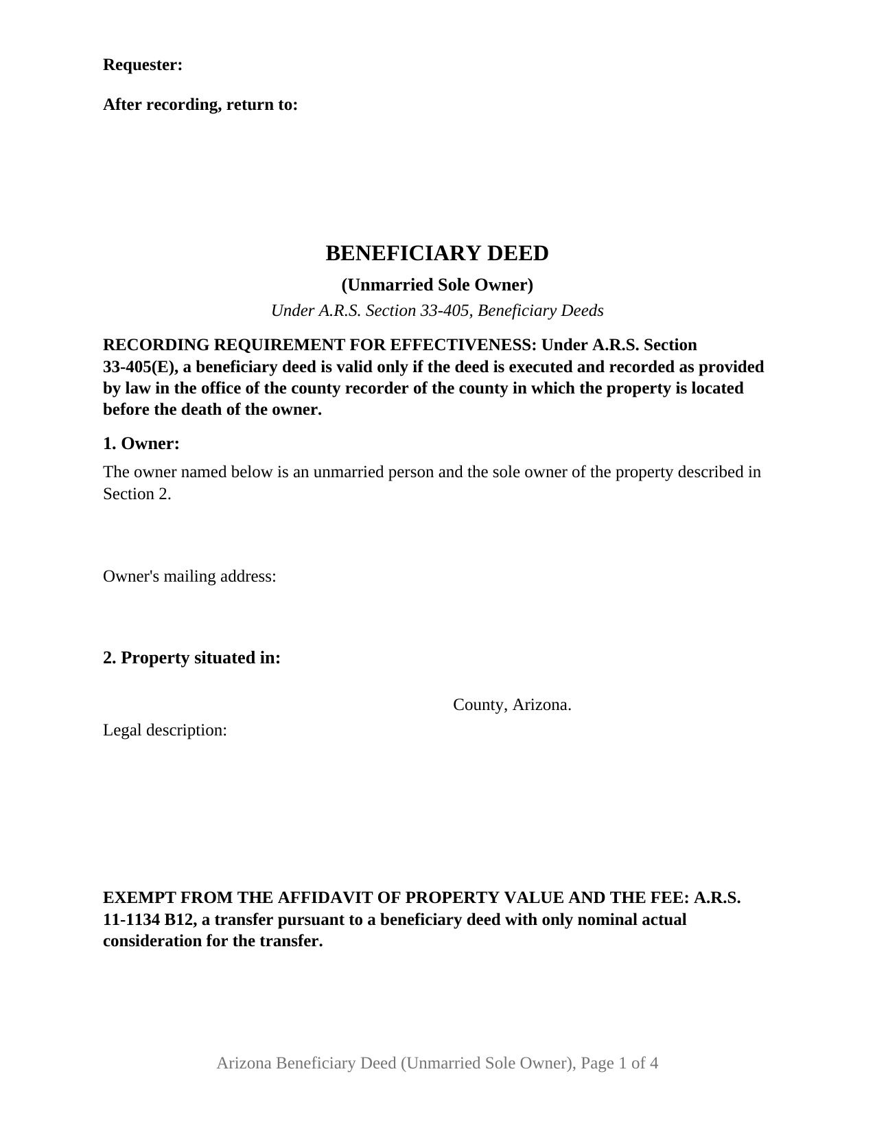 Arizona Beneficiary Deed (Unmarried Sole Owner)