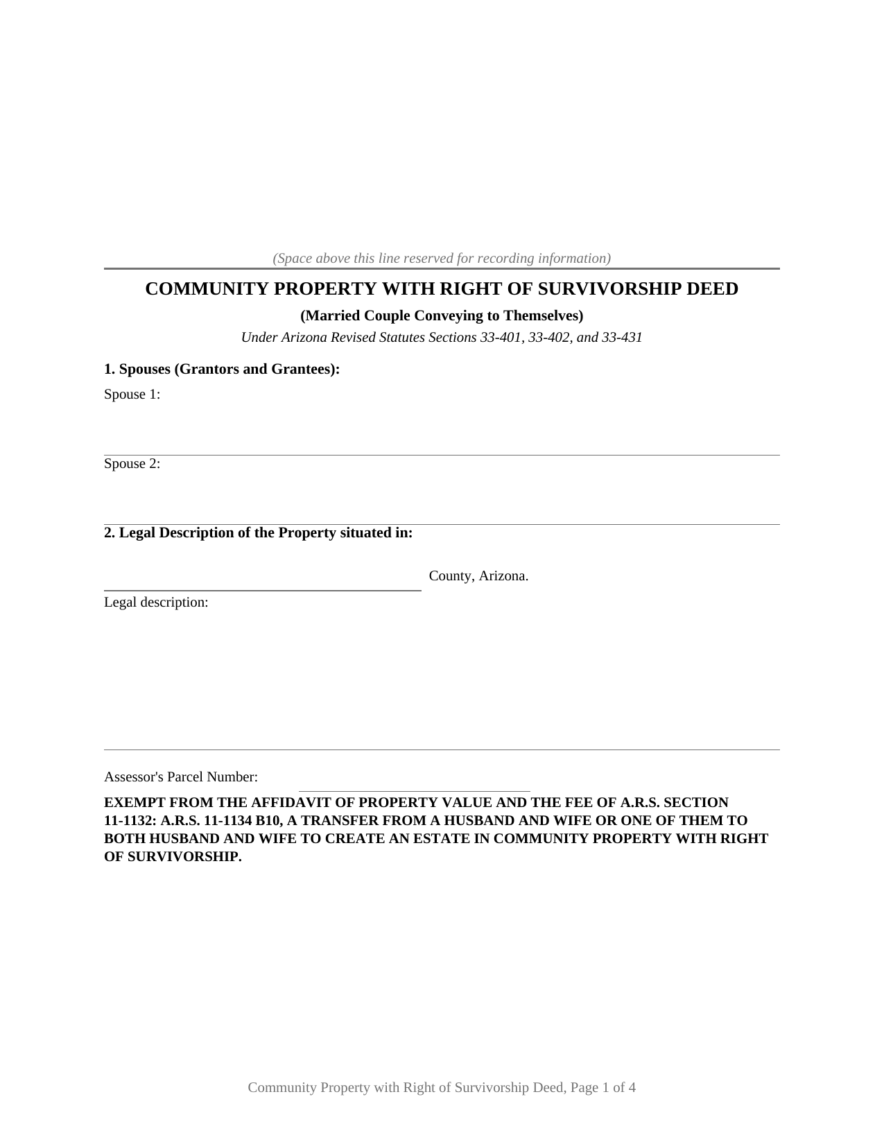 Arizona Community Property with Right of Survivorship Deed