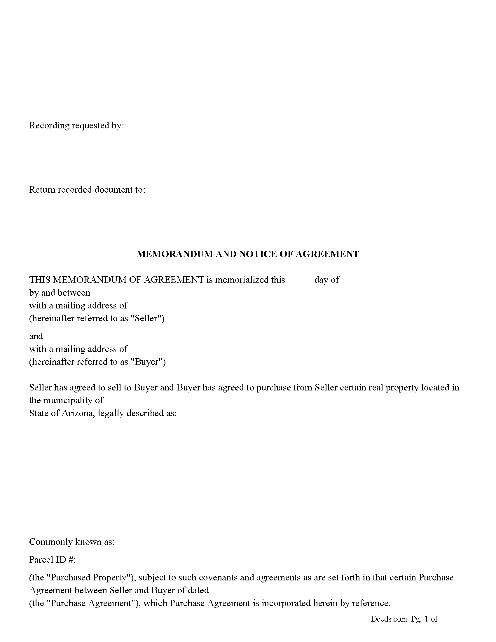 Arizona Memorandum and Notice of Agreement Image