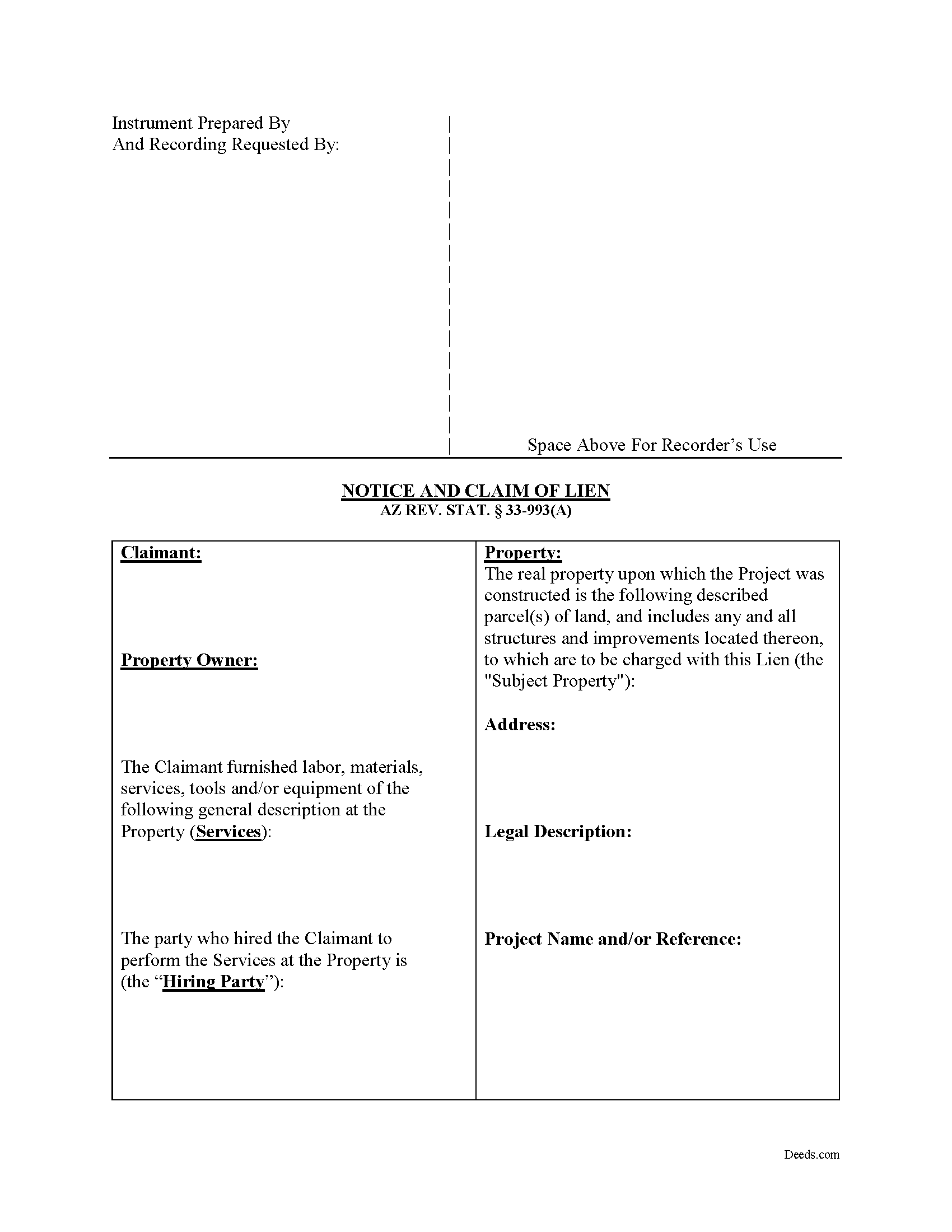Arizona Notice and Claim of Mechanics Lien Image