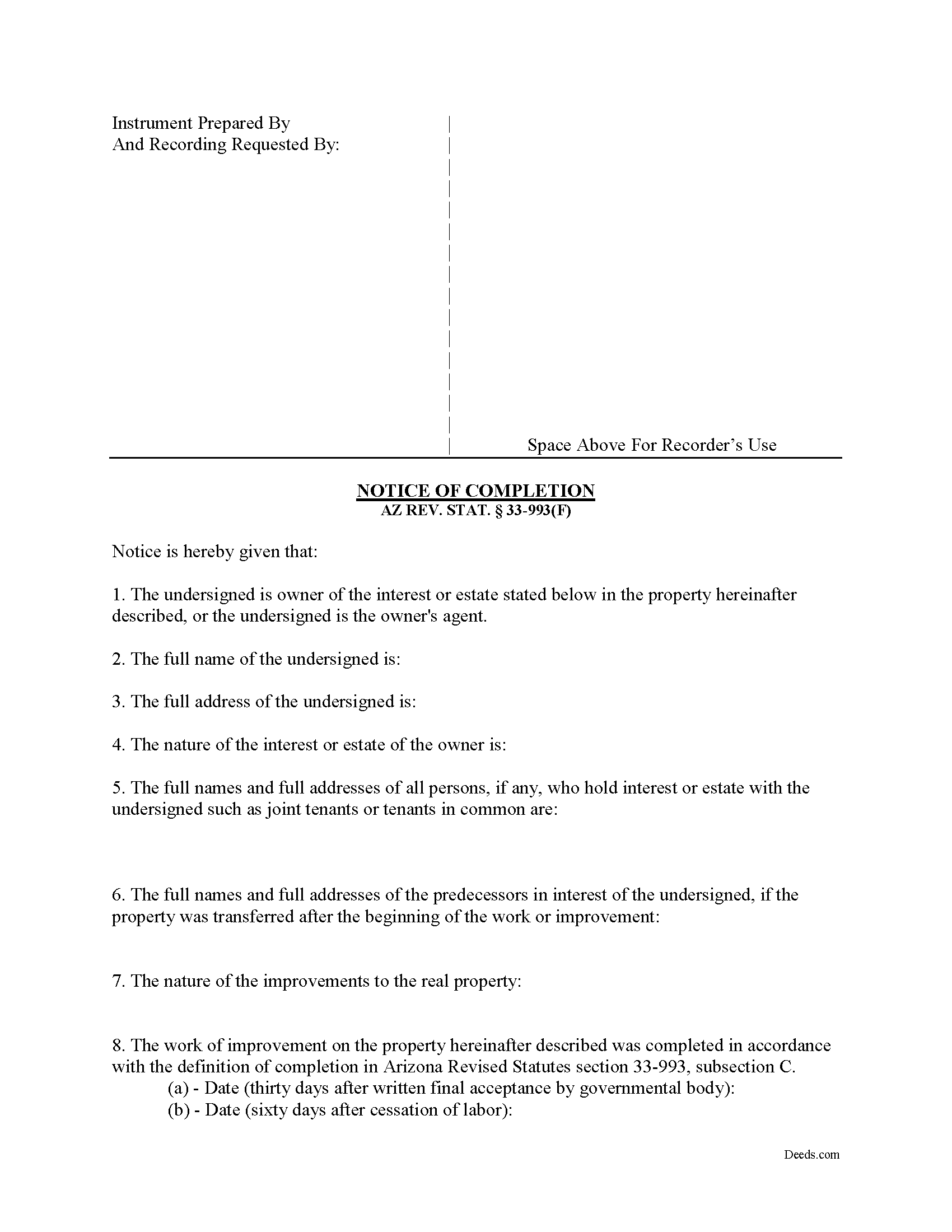 Arizona Notice of Completion Image