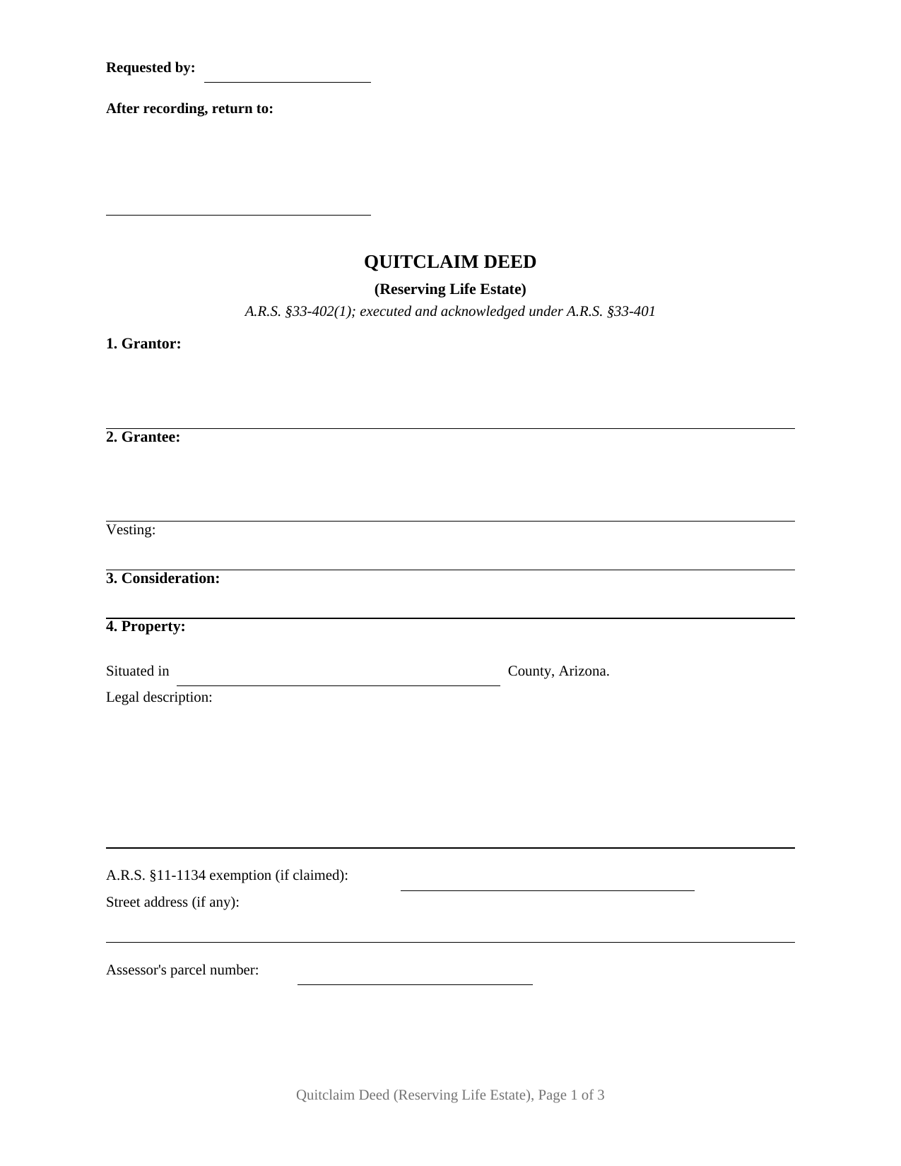 Arizona Quitclaim Deed (Reserving Life Estate)