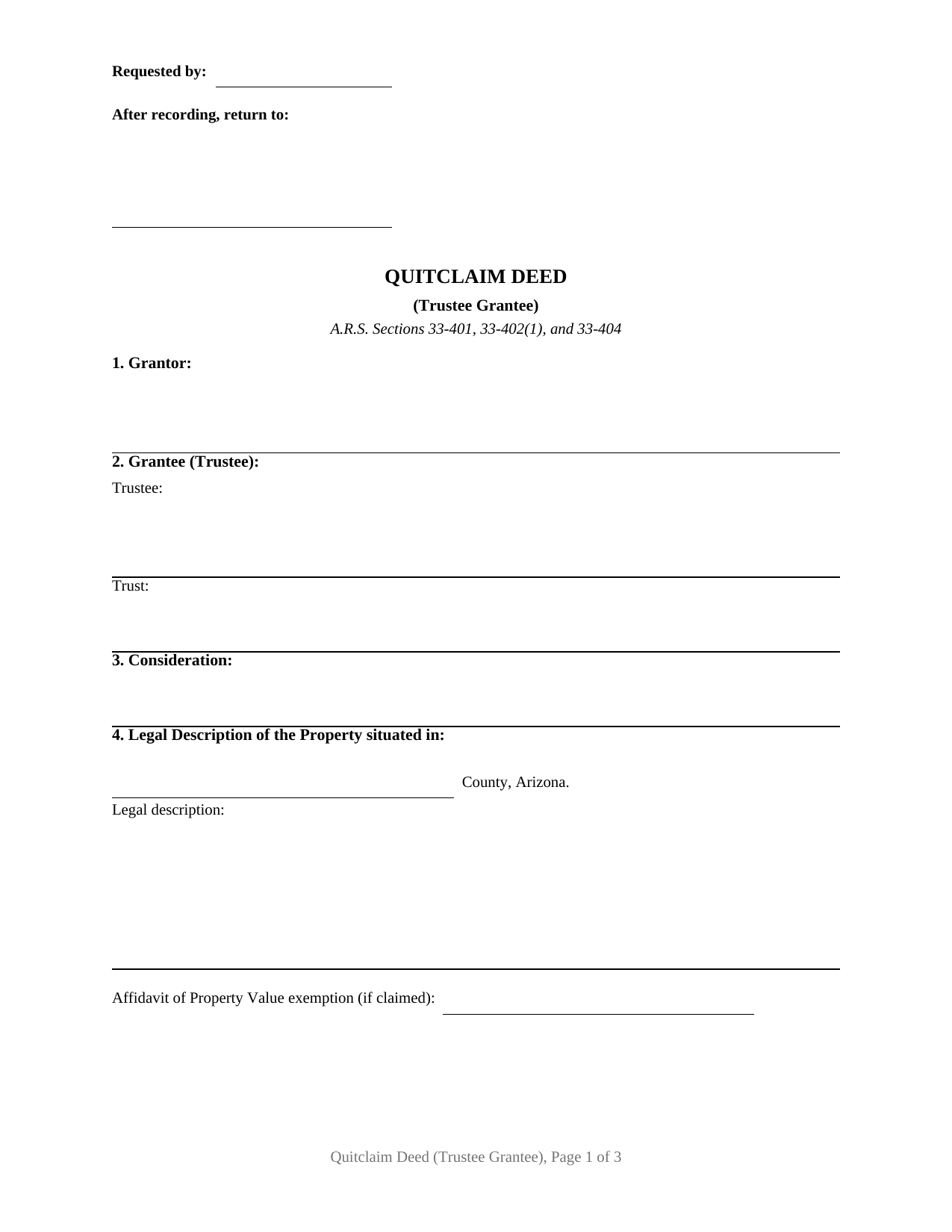 Arizona Quitclaim Deed (Trustee Grantee)