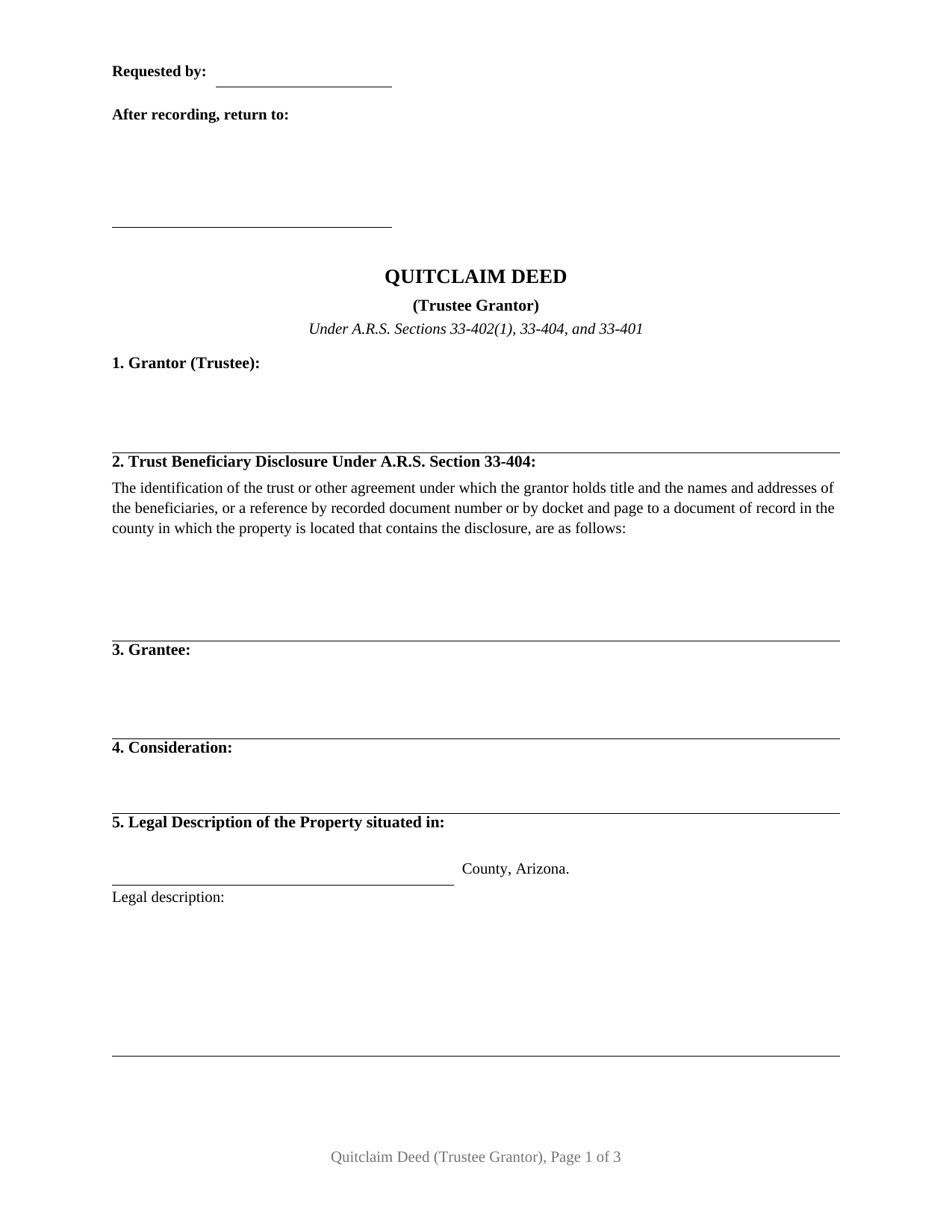 Arizona Quitclaim Deed (Trustee Grantor)