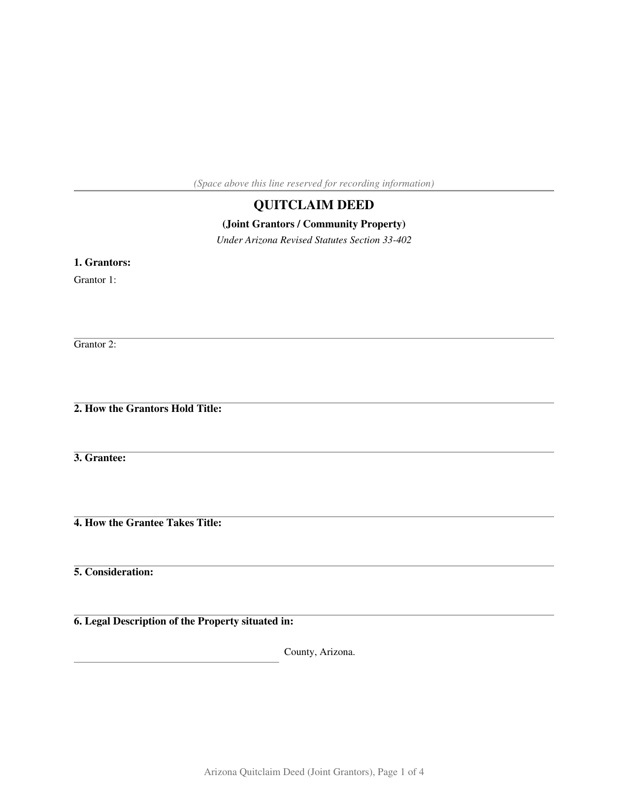 Arizona Quitclaim Deed (Joint and Community Property Grantors)