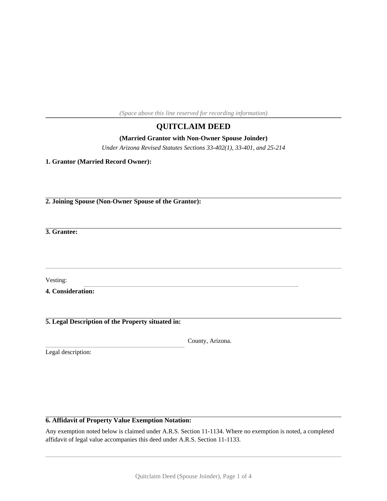 Arizona Quitclaim Deed (Married Grantor with Non-Owner Spouse Joinder)