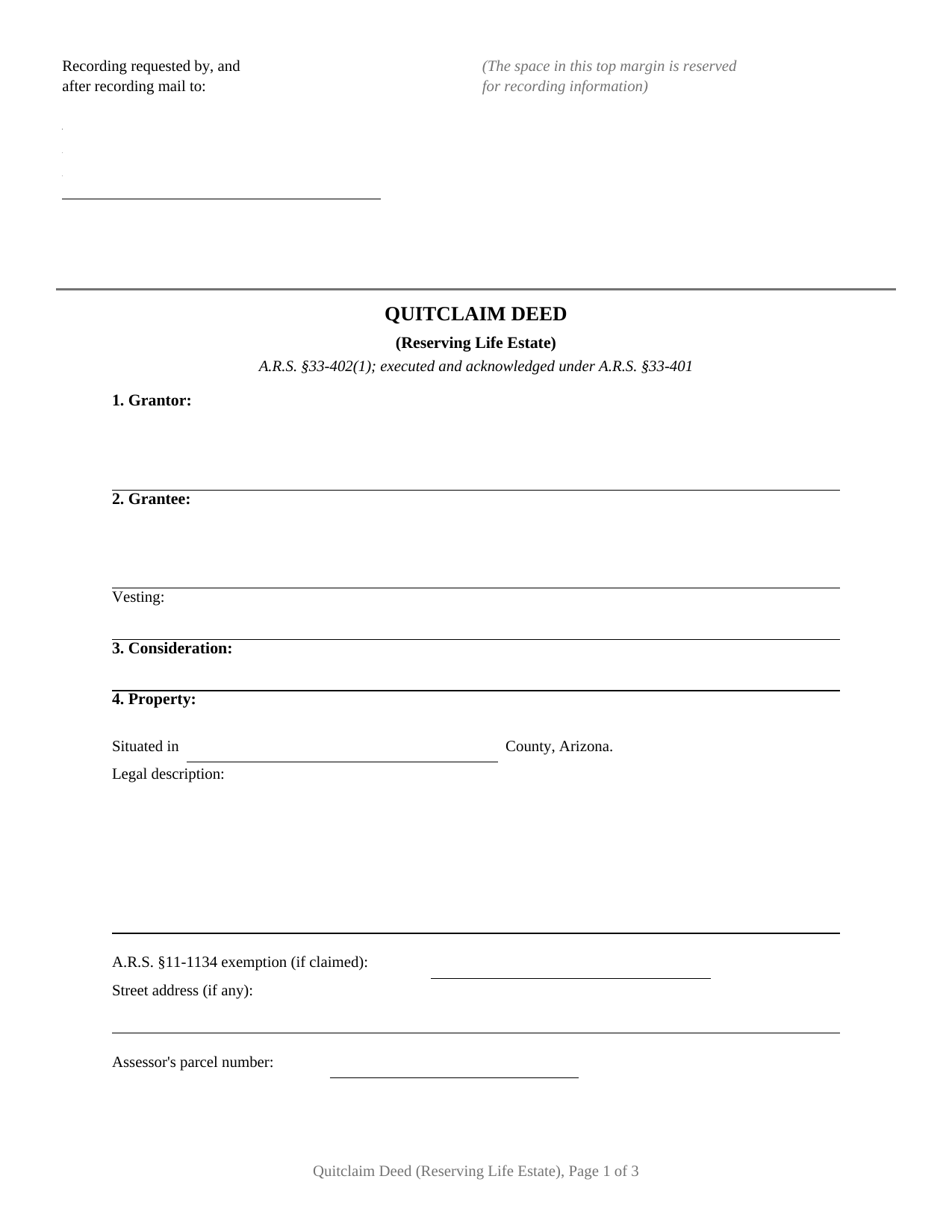 Arizona Quitclaim Deed (Reserving Life Estate)