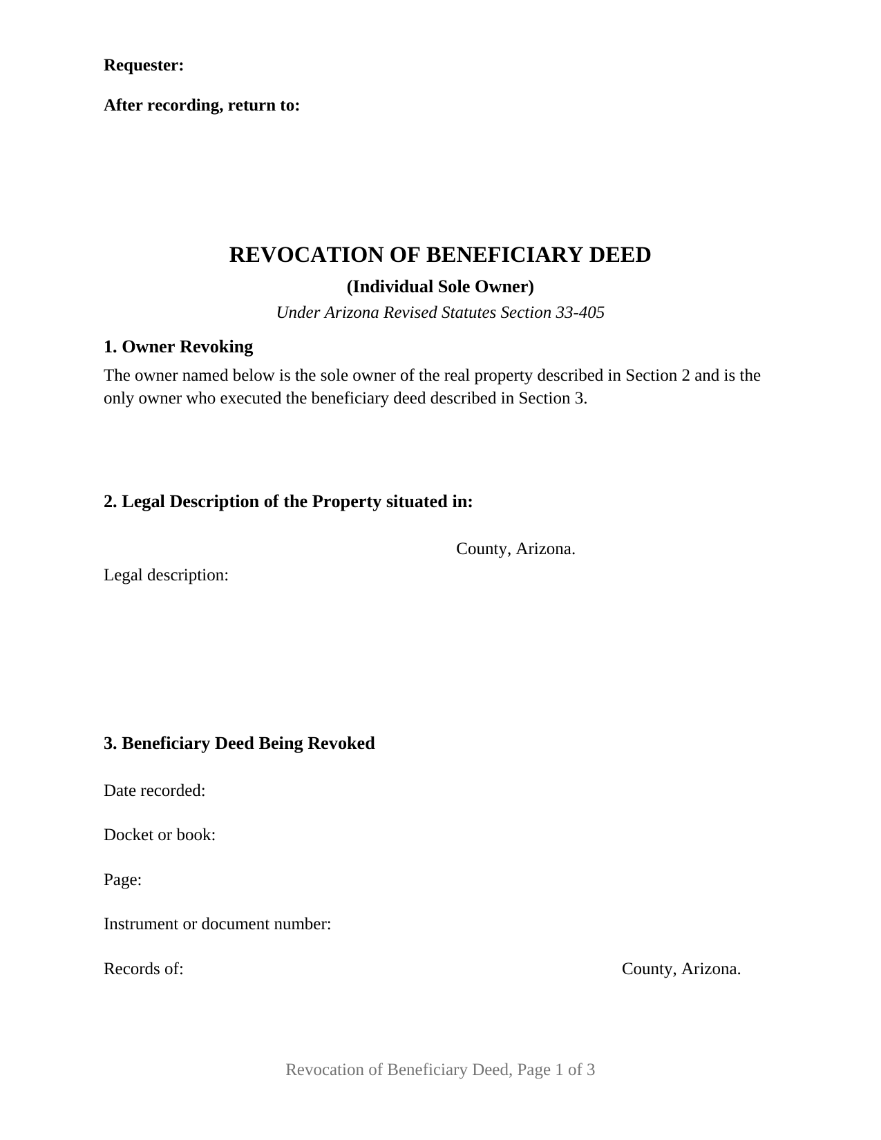 Arizona Revocation of Beneficiary Deed (Individual Sole Owner)