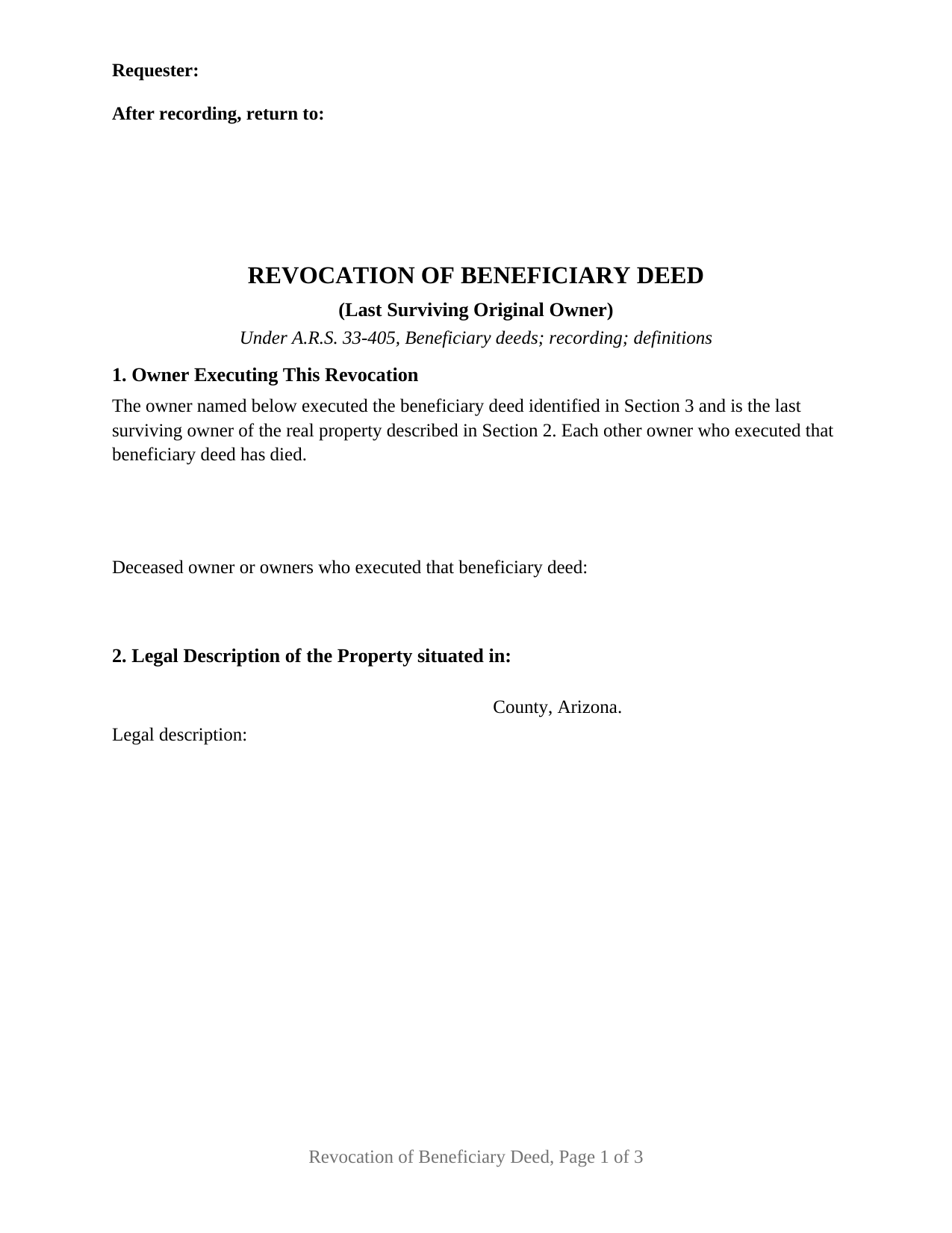 Arizona Revocation of Beneficiary Deed (Last Surviving Original Owner)