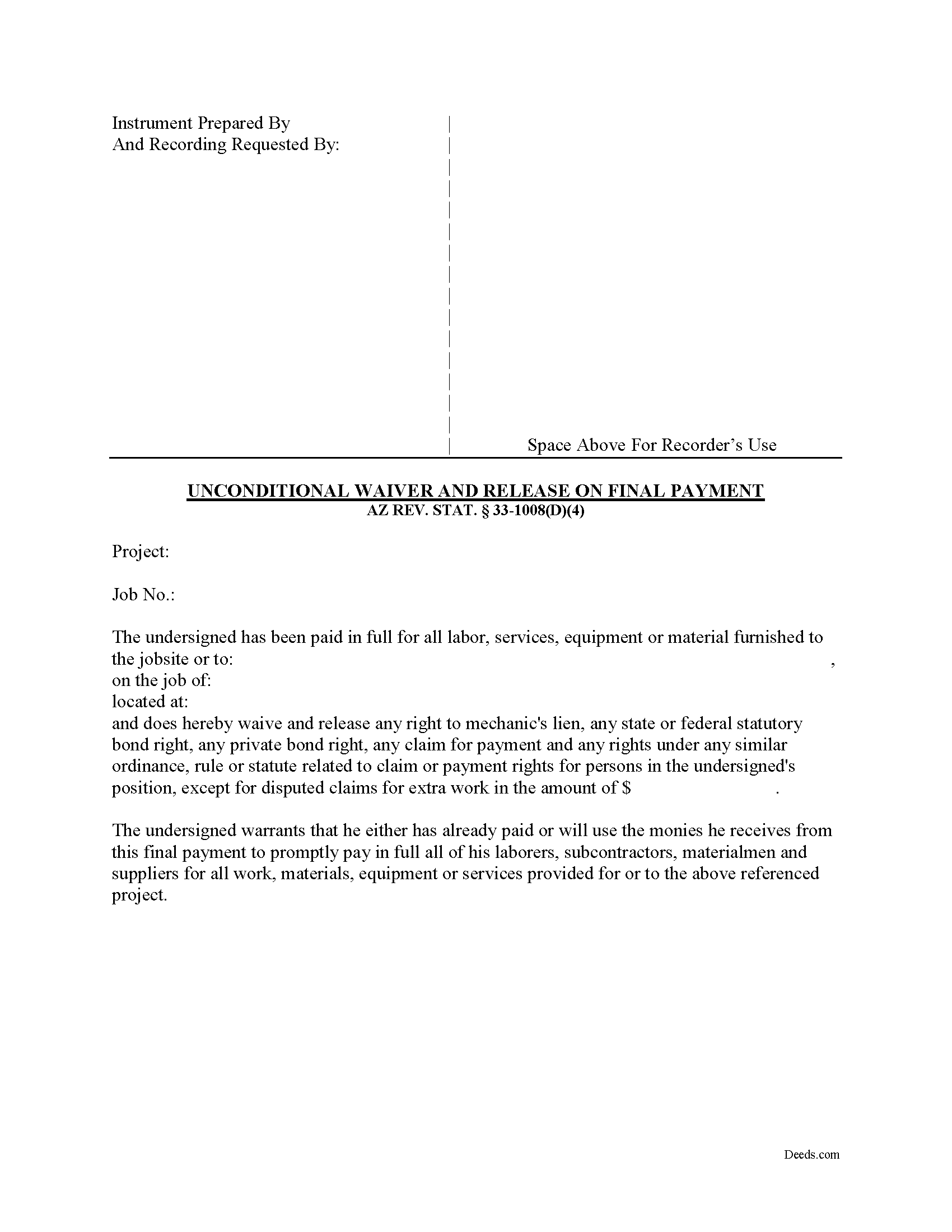 Arizona Unconditional Waiver upon Final Payment Image