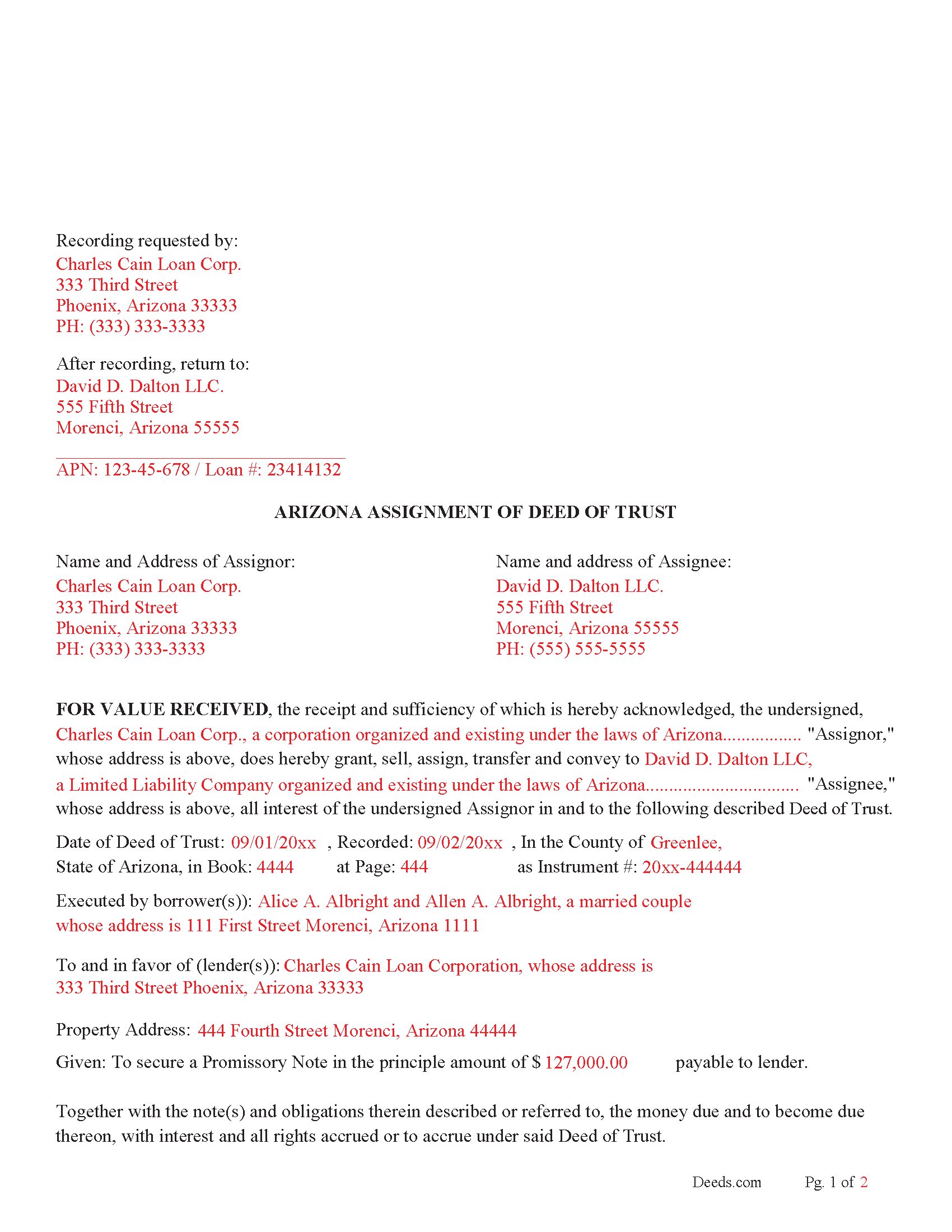 Mohave County Completed Example of the Assignment of Deed of Trust Document