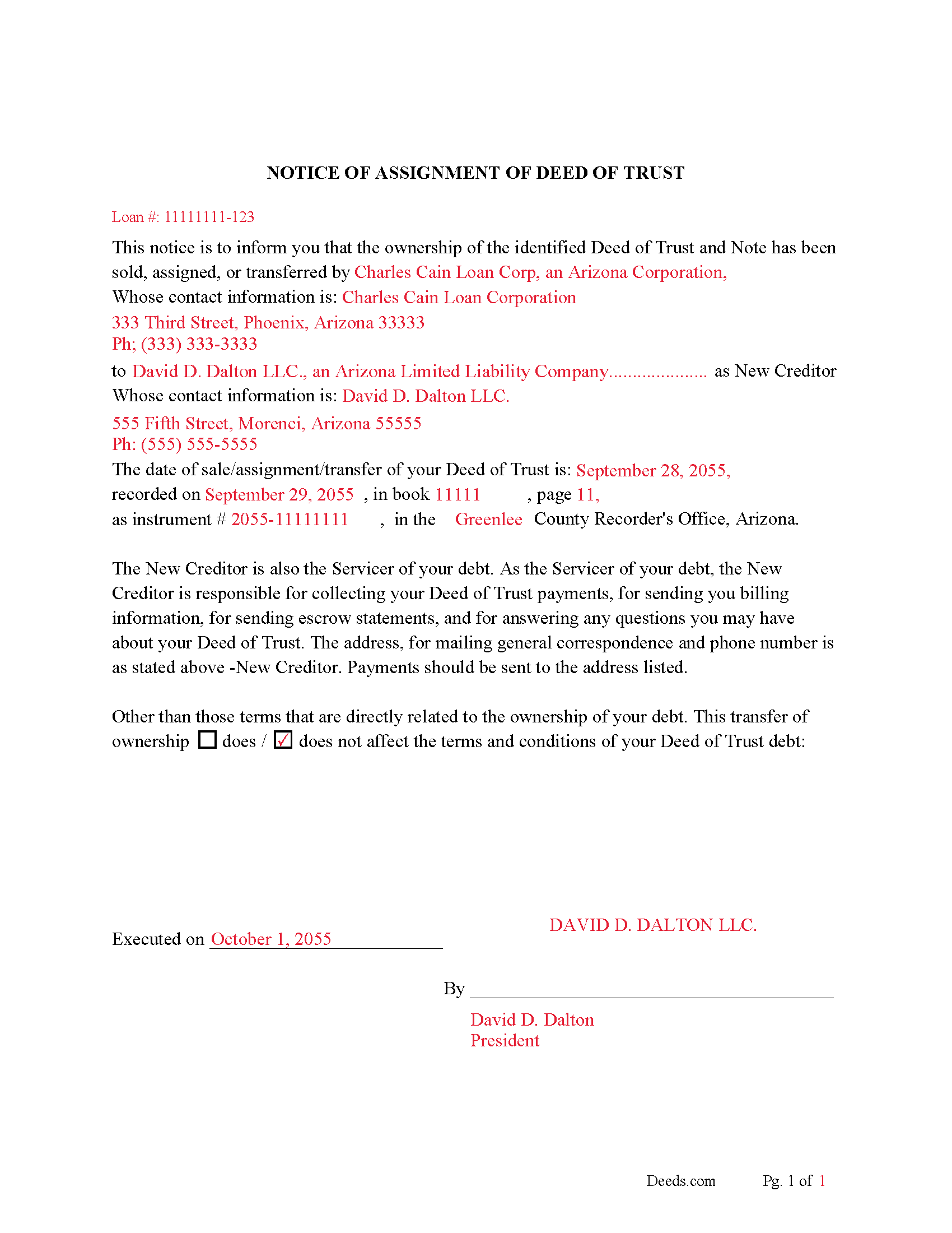 Mohave County Completed Example of Notice of Assignment Document