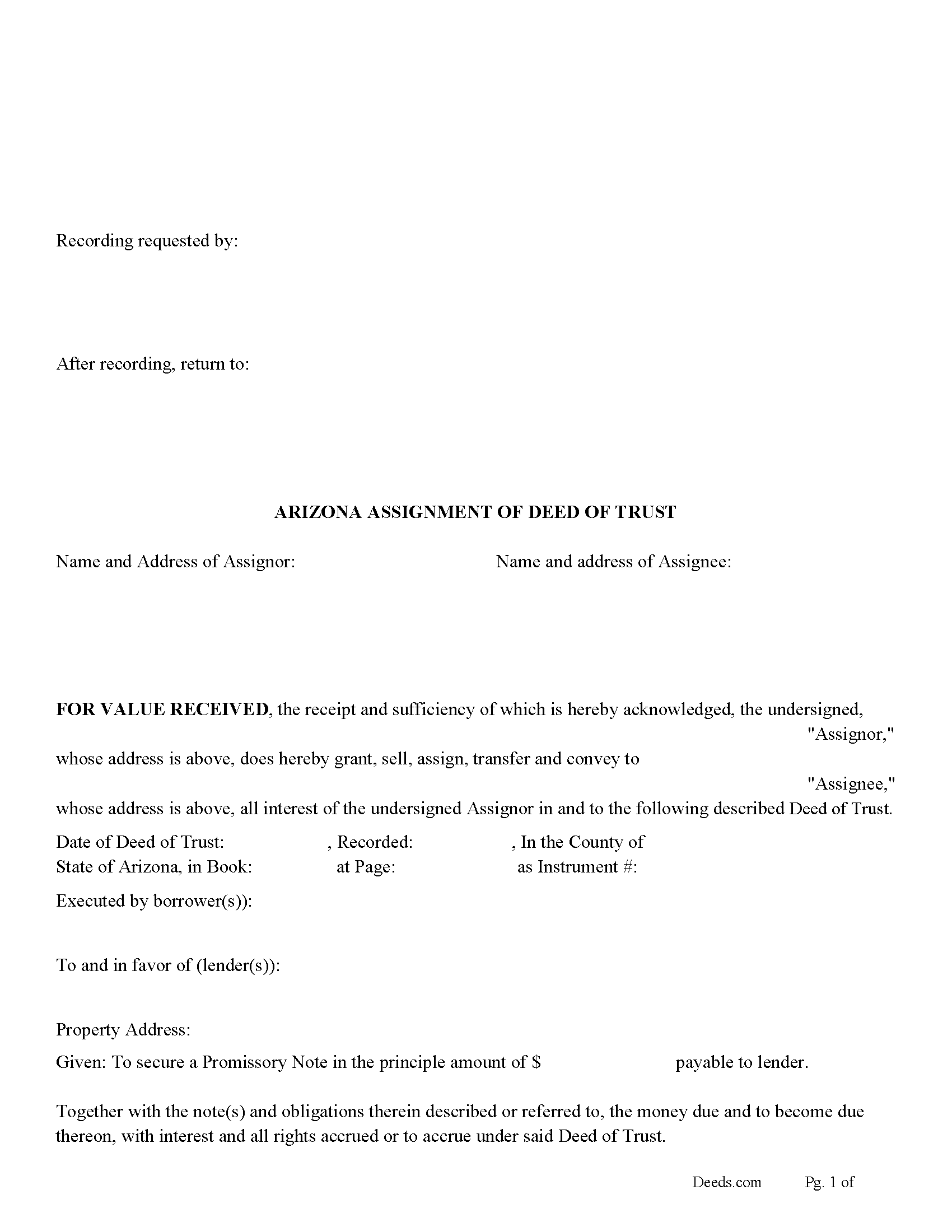Mohave County Assignment of Deed of Trust Form
