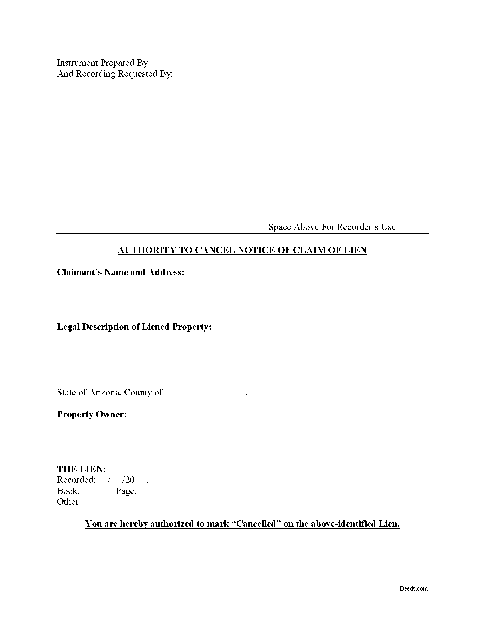 Yavapai County Authority to Cancel Notice of Claim of Lien Form