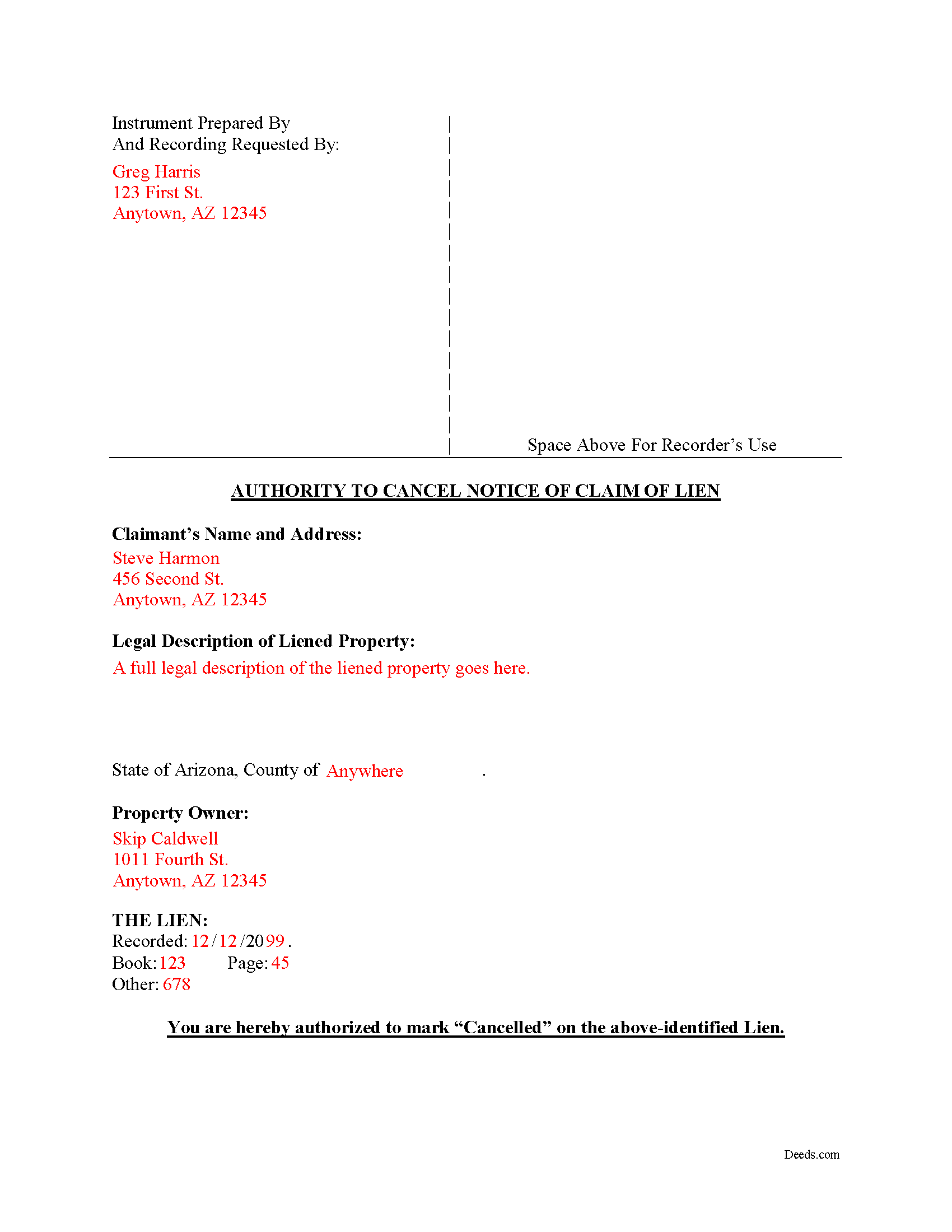 Yavapai County Completed Example of the Authority to Cancel Notice of Claim of Lien Docment