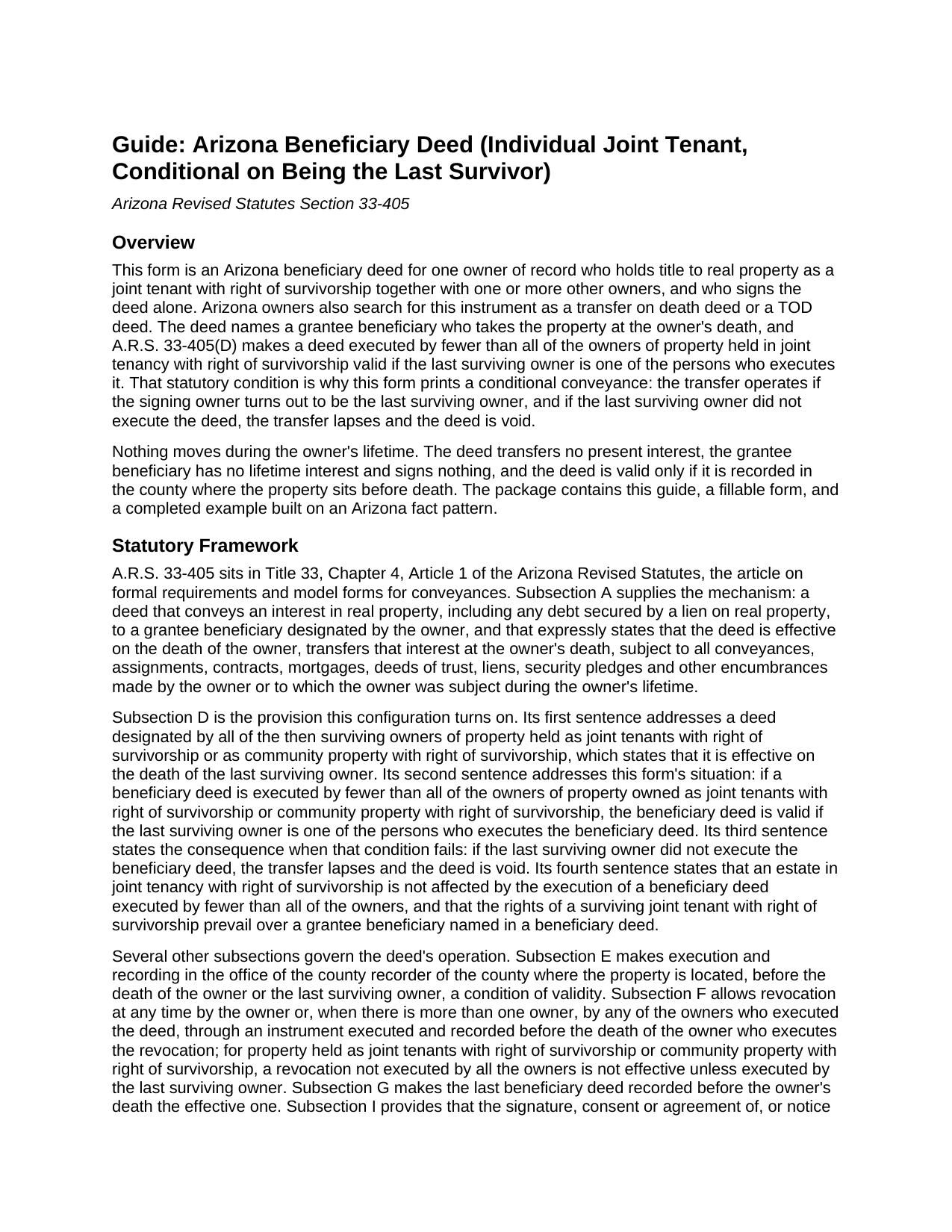 Coconino County Beneficiary Deed (Individual Joint Tenant, Conditional on Being the Last Survivor) Guide