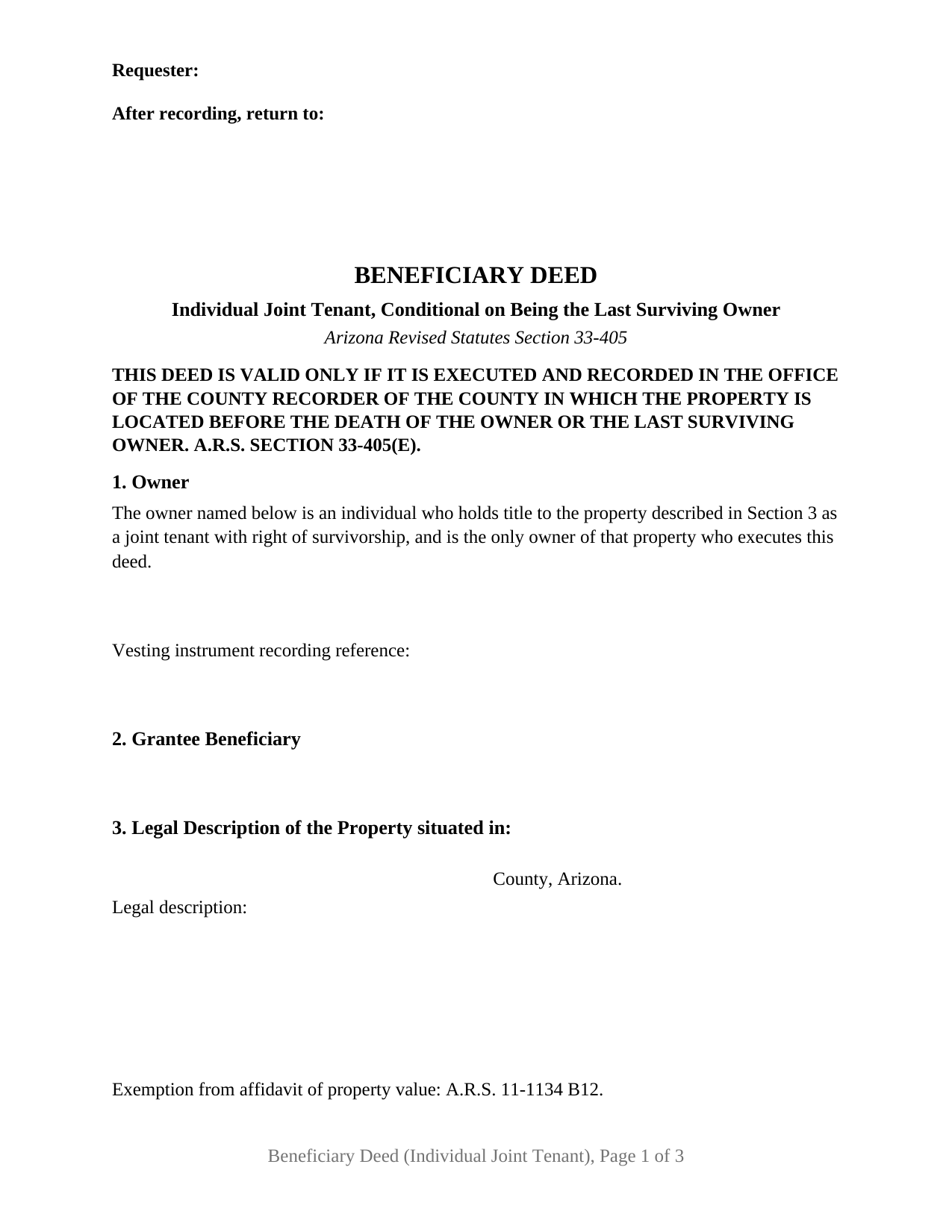 Coconino County Beneficiary Deed (Individual Joint Tenant, Conditional on Being the Last Survivor) Form