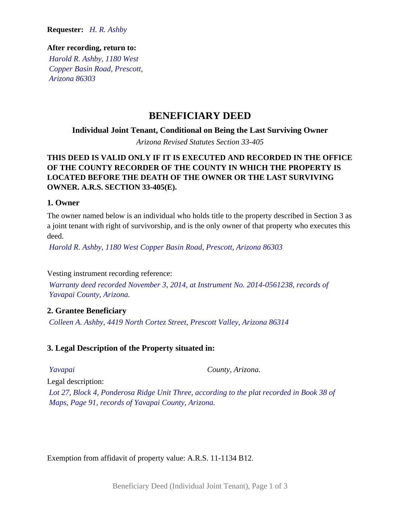 Coconino County Completed Example of the Beneficiary Deed (Individual Joint Tenant, Conditional on Being the Last Survivor) Document