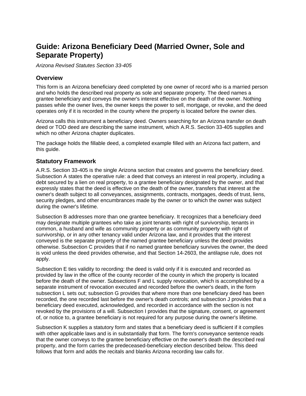Coconino County Beneficiary Deed (Married Owner, Sole and Separate Property) Guide