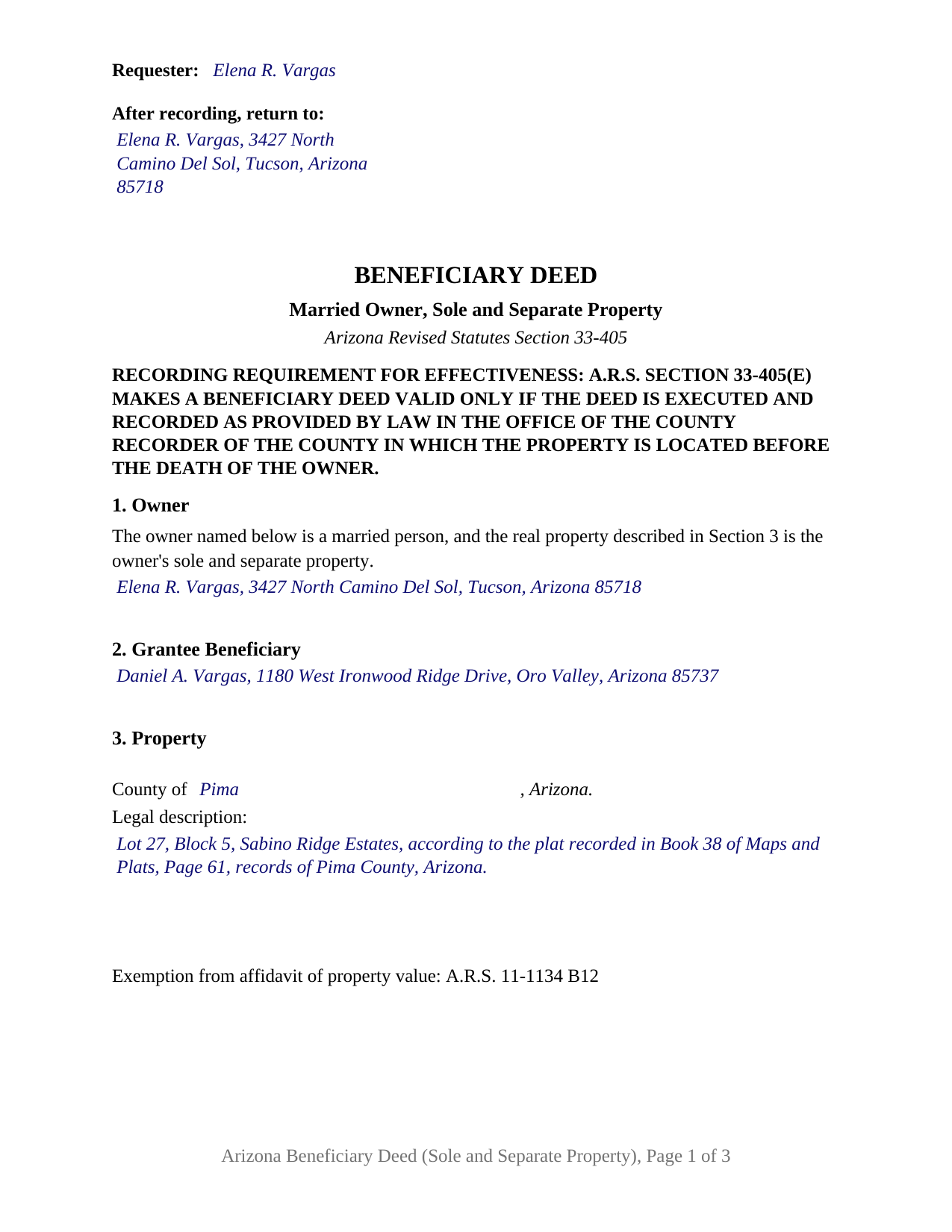 Coconino County Completed Example of the Beneficiary Deed (Married Owner, Sole and Separate Property) Document