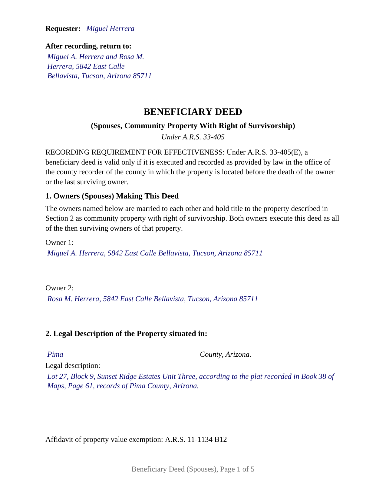 Graham County Completed Example of the Beneficiary Deed (Spouses, Community Property With Right of Survivorship) Document