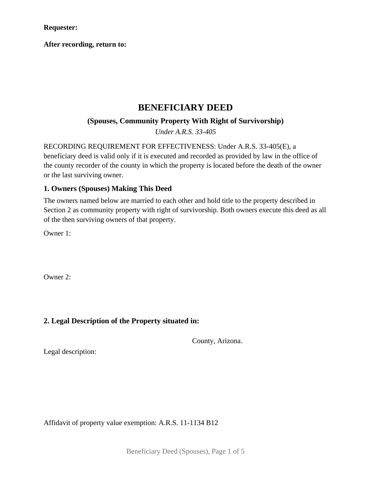 Graham County Beneficiary Deed (Spouses, Community Property With Right of Survivorship) Form