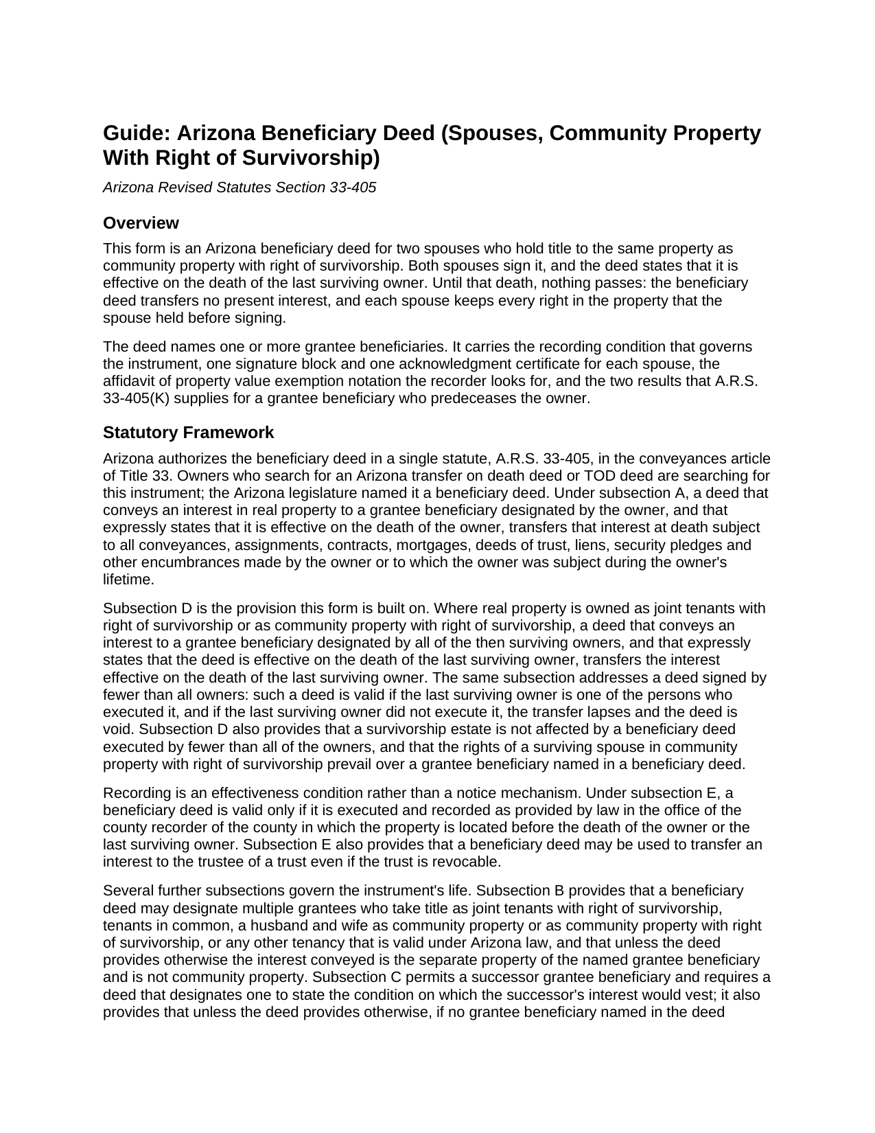 Graham County Beneficiary Deed (Spouses, Community Property With Right of Survivorship) Guide