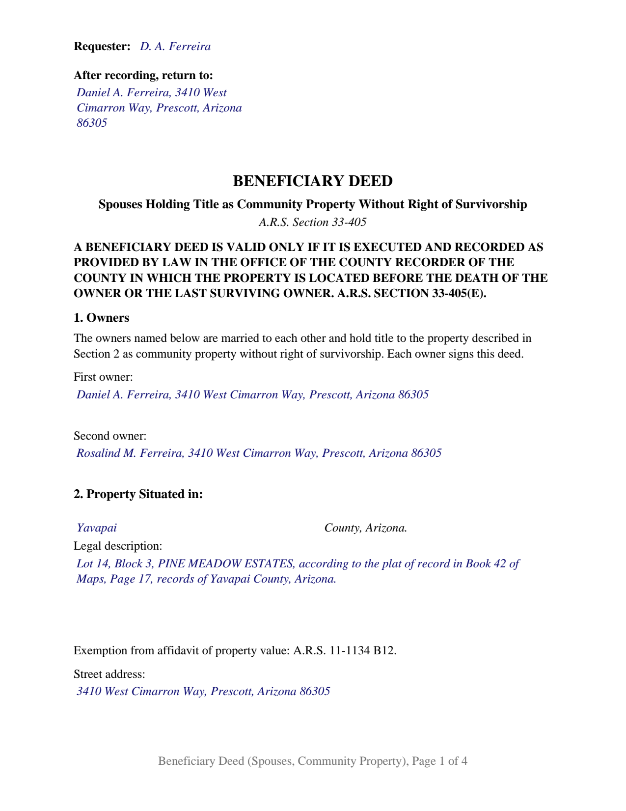 Yuma County Completed Example of the Beneficiary Deed (Spouses, Community Property Without Right of Survivorship) Document