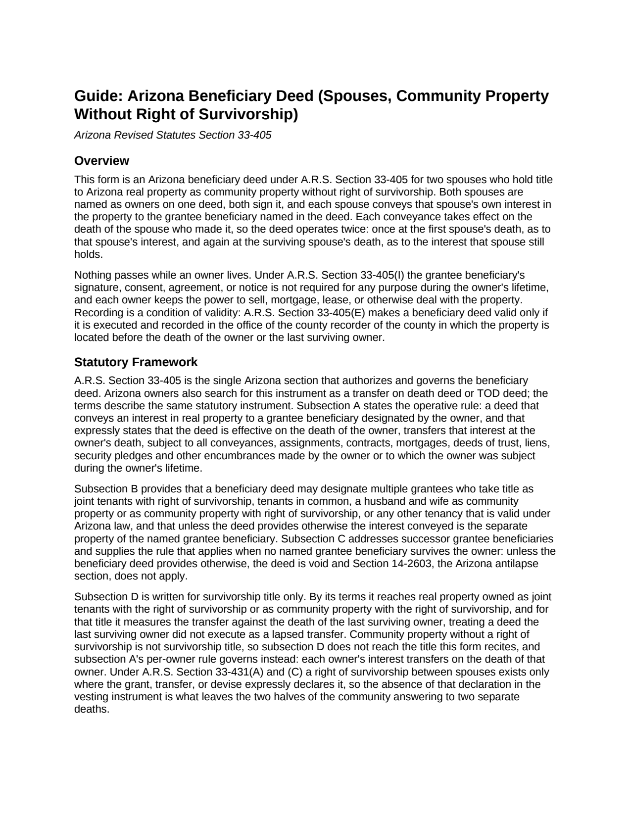 Yuma County Beneficiary Deed (Spouses, Community Property Without Right of Survivorship) Guide
