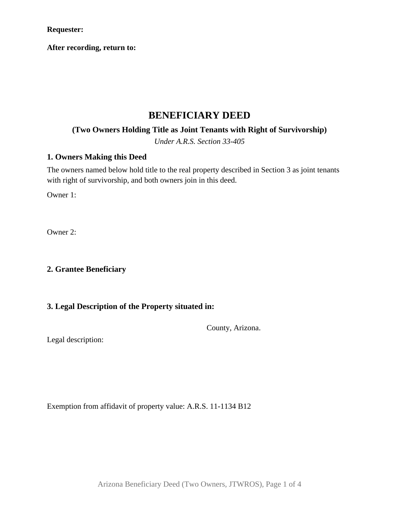 Coconino County Beneficiary Deed (Two Owners, Joint Tenants with Right of Survivorship) Form