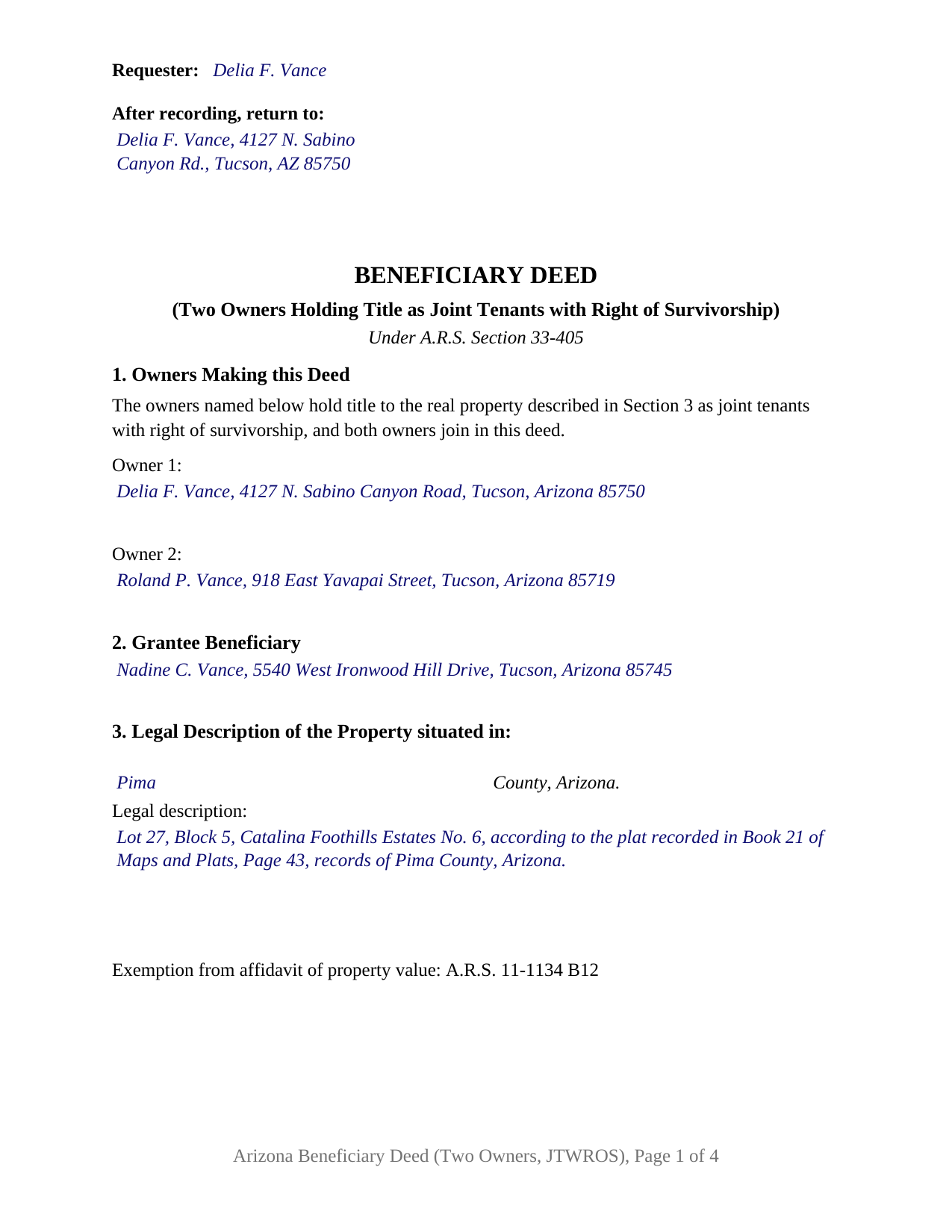 Coconino County Completed Example of the Beneficiary Deed (Two Owners, Joint Tenants with Right of Survivorship) Document