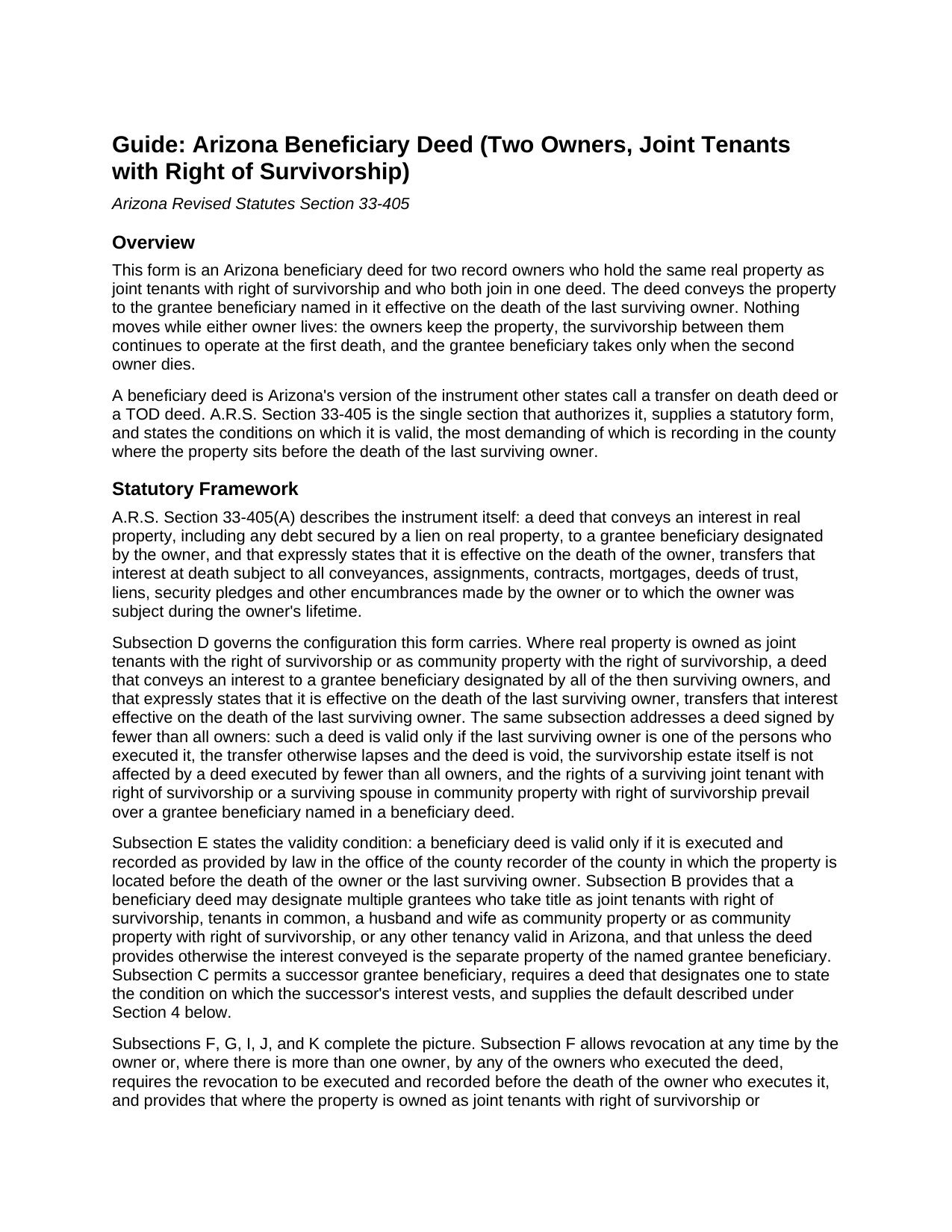 Coconino County Beneficiary Deed (Two Owners, Joint Tenants with Right of Survivorship) Guide