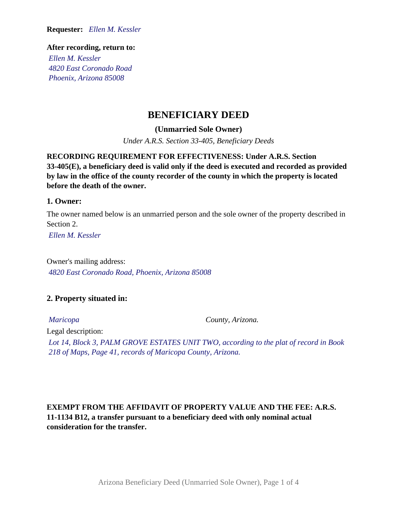 Santa Cruz County Completed Example of the Beneficiary Deed (Unmarried Sole Owner) Document